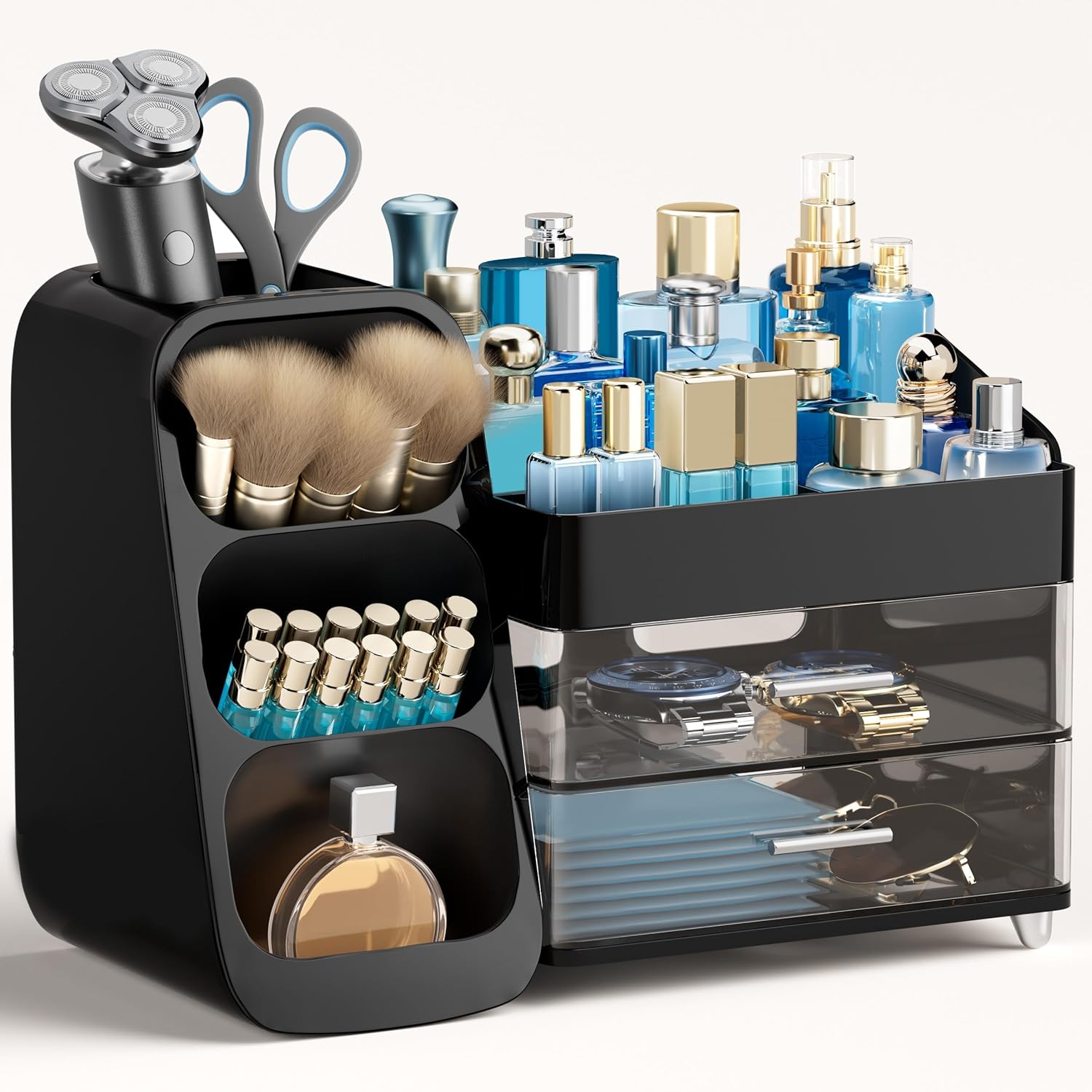 Moonval Bathroom Organizer, 3-Tier Vanity Storage with Brush Holder for Makeup & Skincare