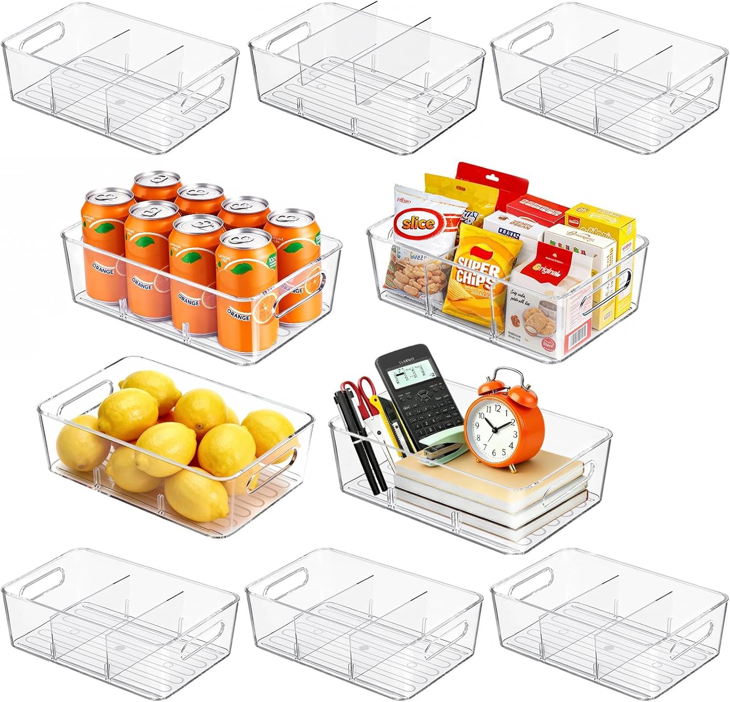 Moonval Pantry Storage Bins, 6-Pack Clear Organizers with Removable Dividers for Kitchen & Refrigerator