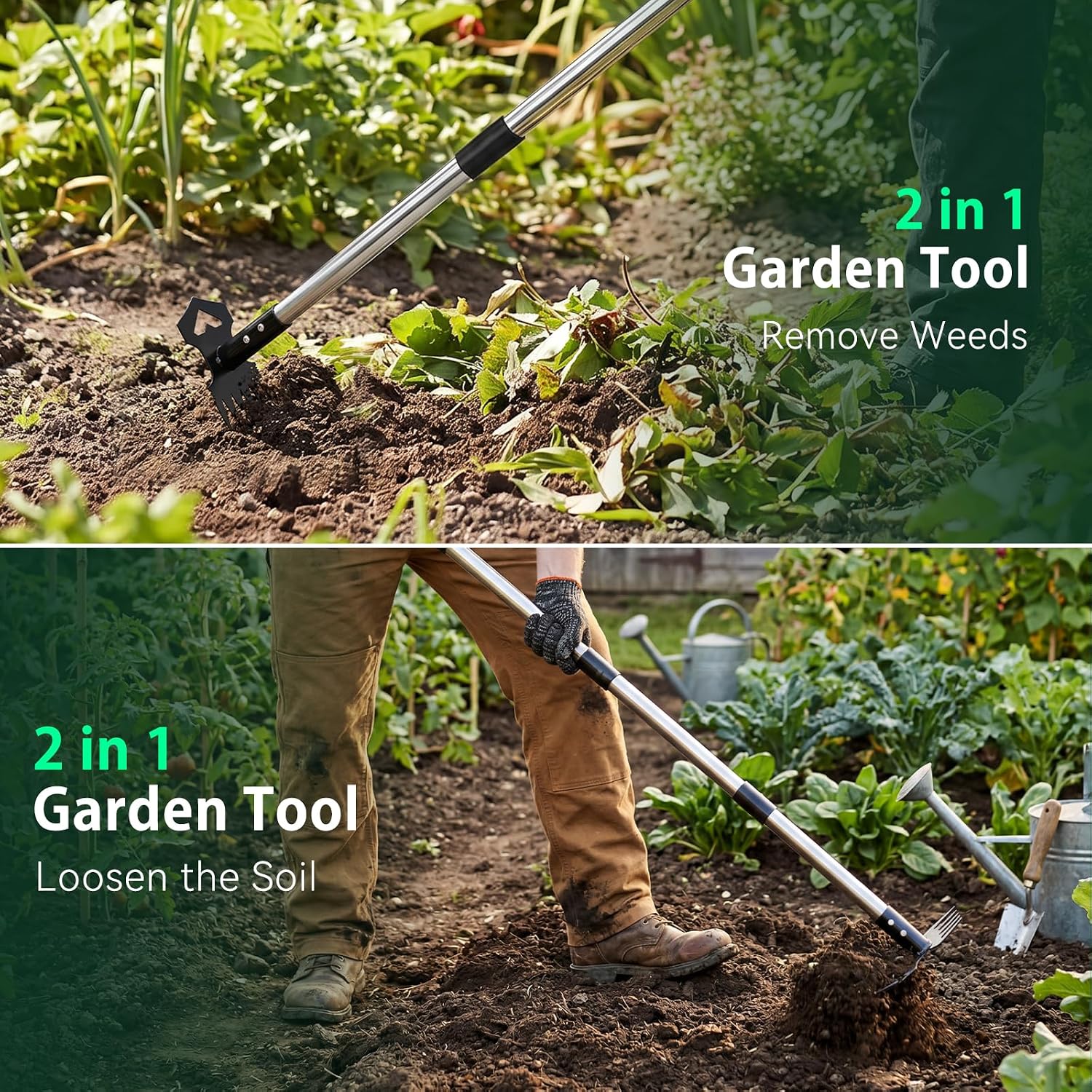 Moonval Weed Puller Tool, 60-Inch Long Handle 2-in-1 Garden Hoe & Weed Rake for Lawn & Garden