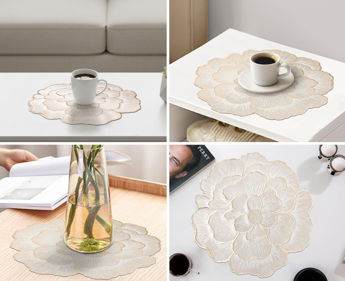 Moonval Floral Round Placemat, Gold-Trim Waterproof PVC Table Mat with Anti-Skid Base