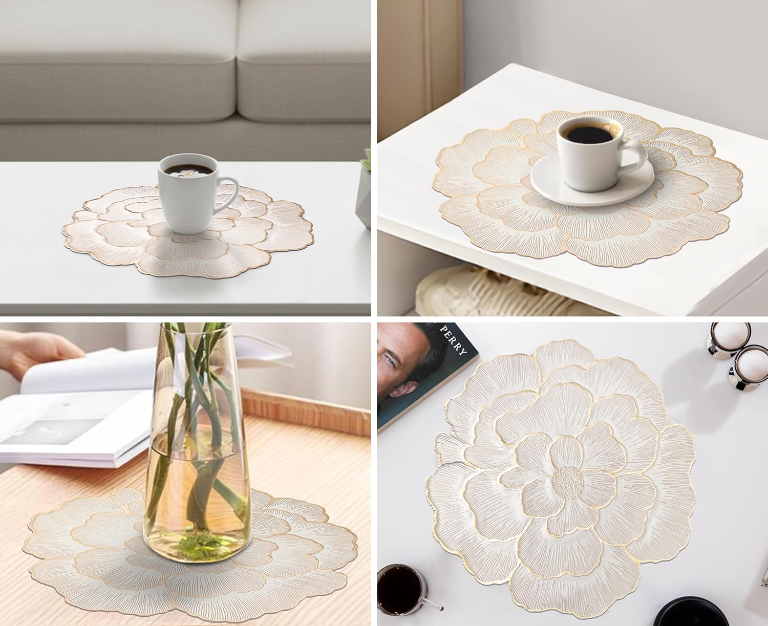 Moonval Floral Round Placemat, Gold-Trim Waterproof PVC Table Mat with Anti-Skid Base