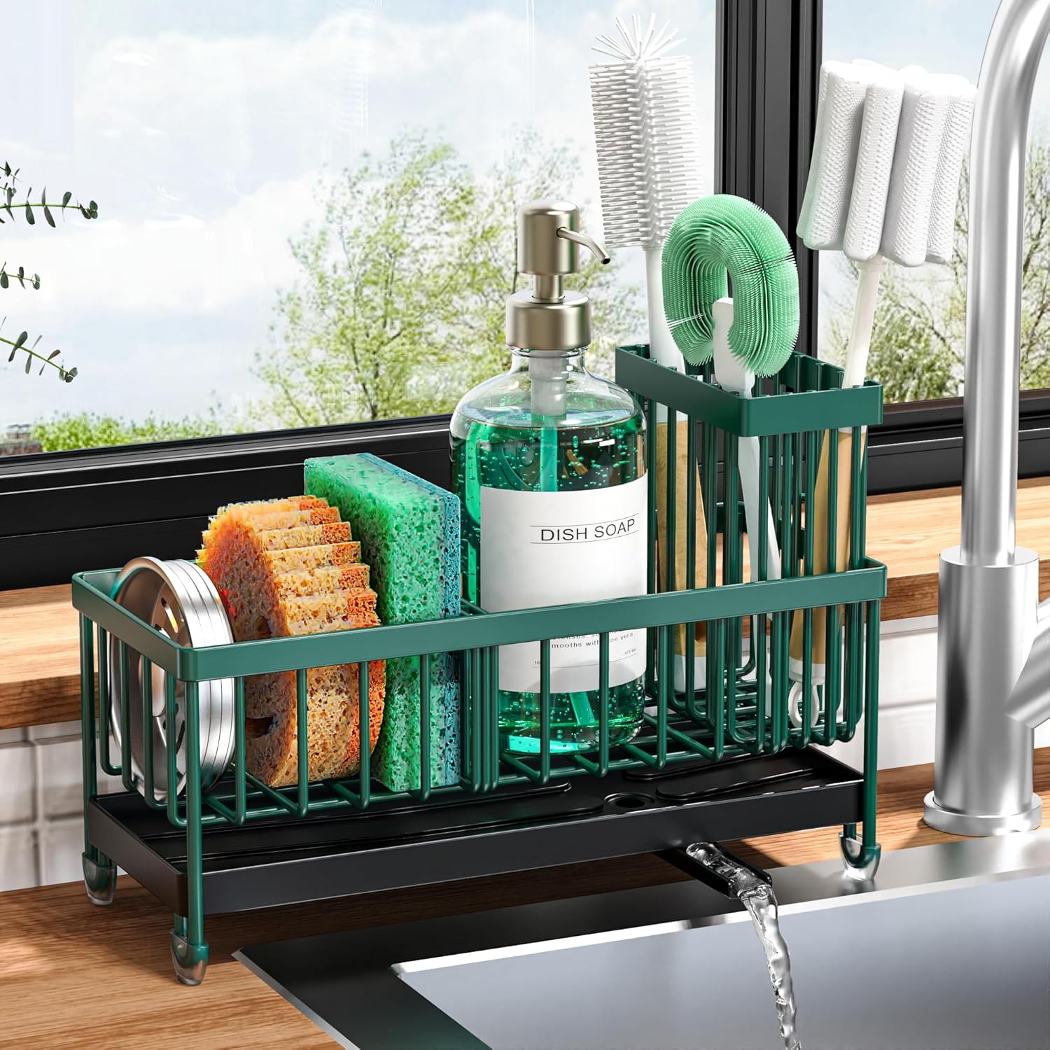 Moonval Kitchen Sink Caddy, 304 Stainless Steel Sponge Holder with Removable Brush Rack