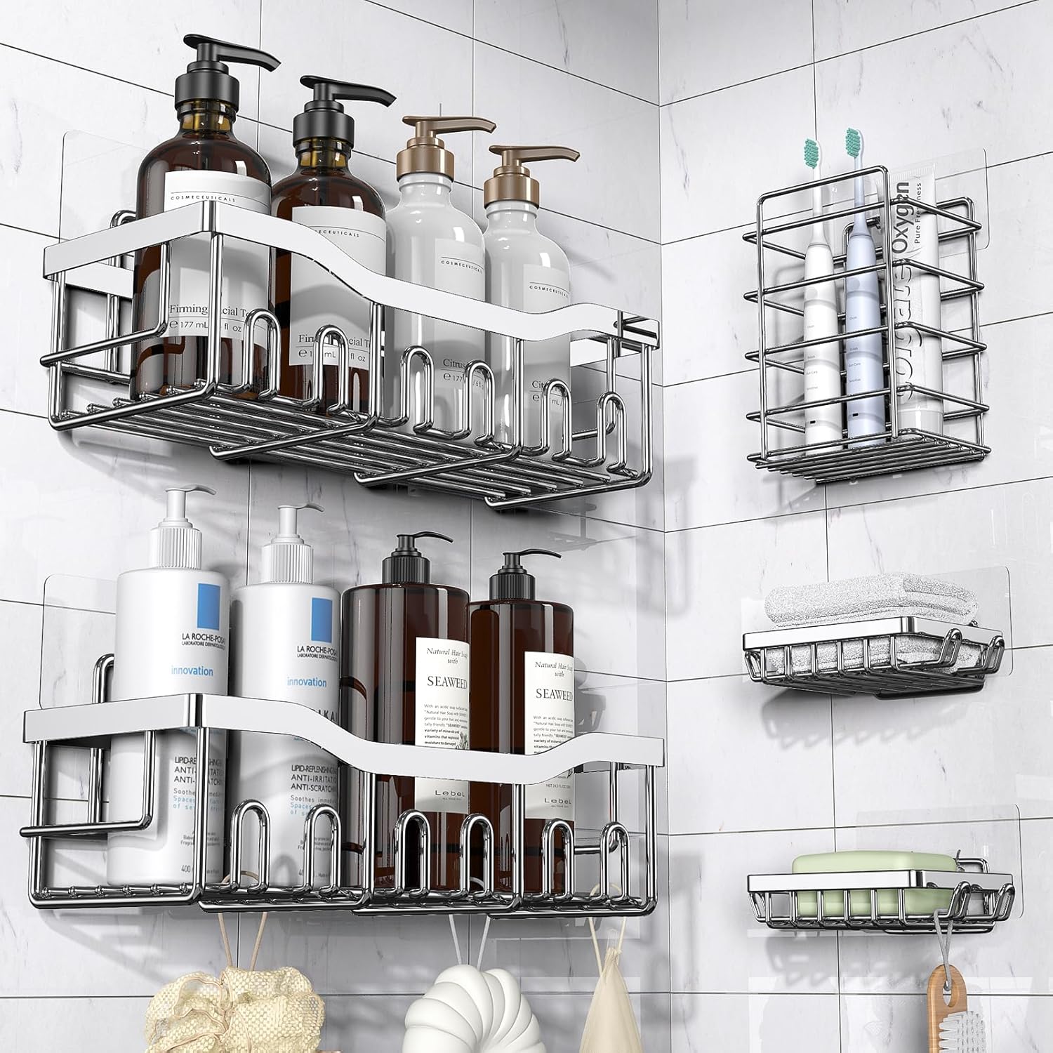 Moonval Adhesive Shower Caddy, 5-Pack Rustproof Stainless Steel Bathroom Organizer Shelves