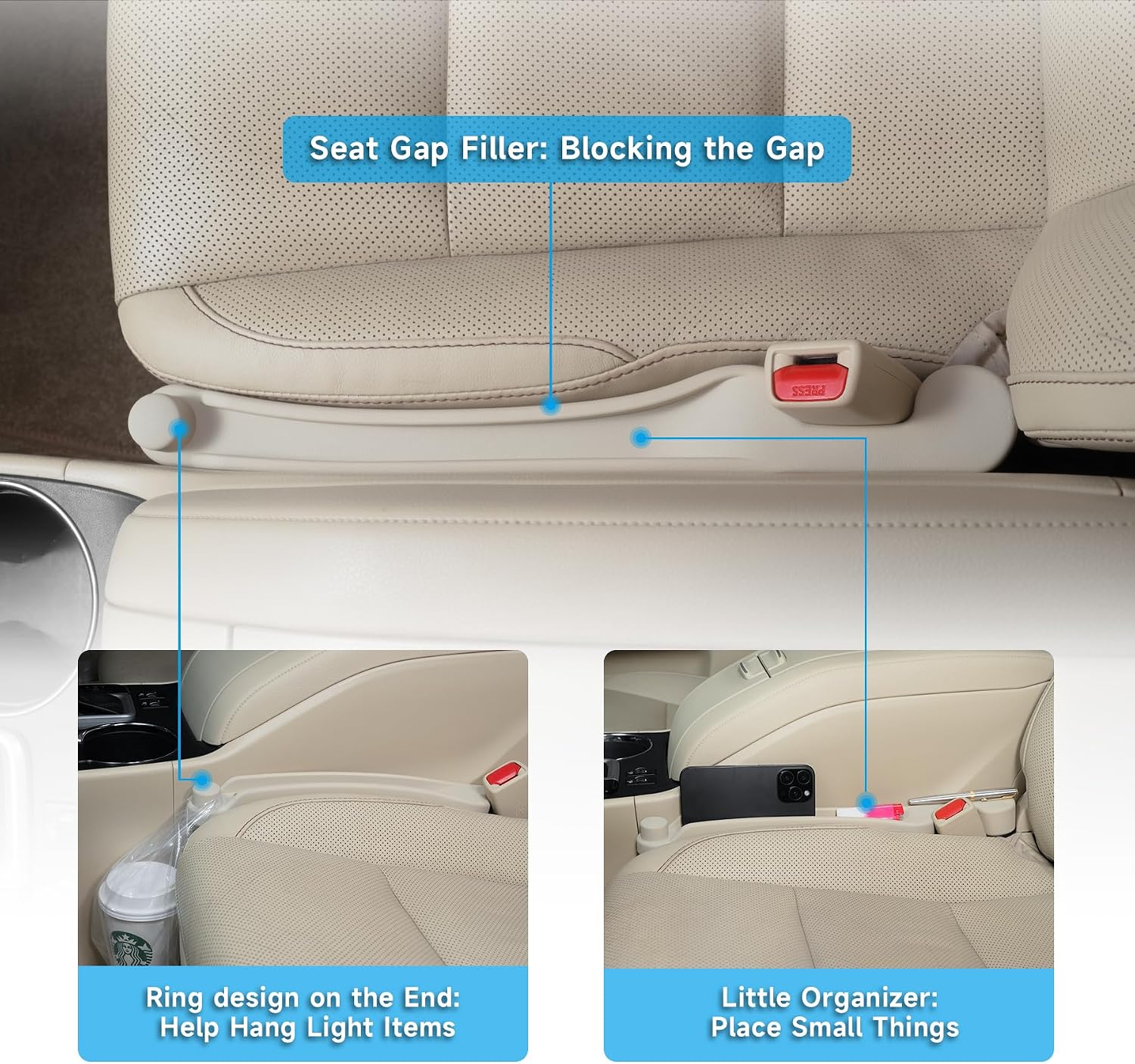 Moonval Car Seat Gap Fillers, 2-Pack 3-in-1 Foam Organizers with Storage Hook for Car Seats