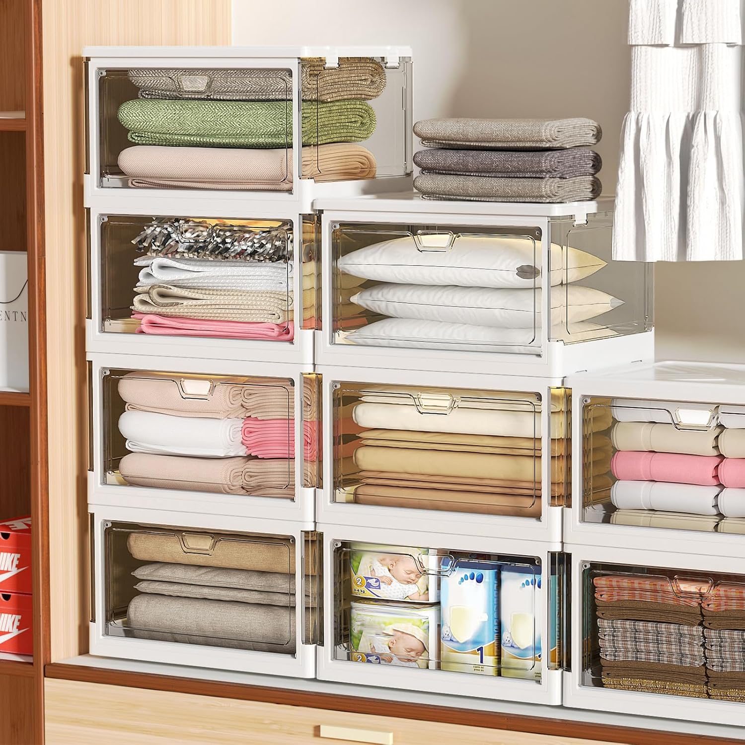 Moonval Clear Storage Bins, 3-Pack Foldable Stackable Containers with Lids & Magnetic Doors