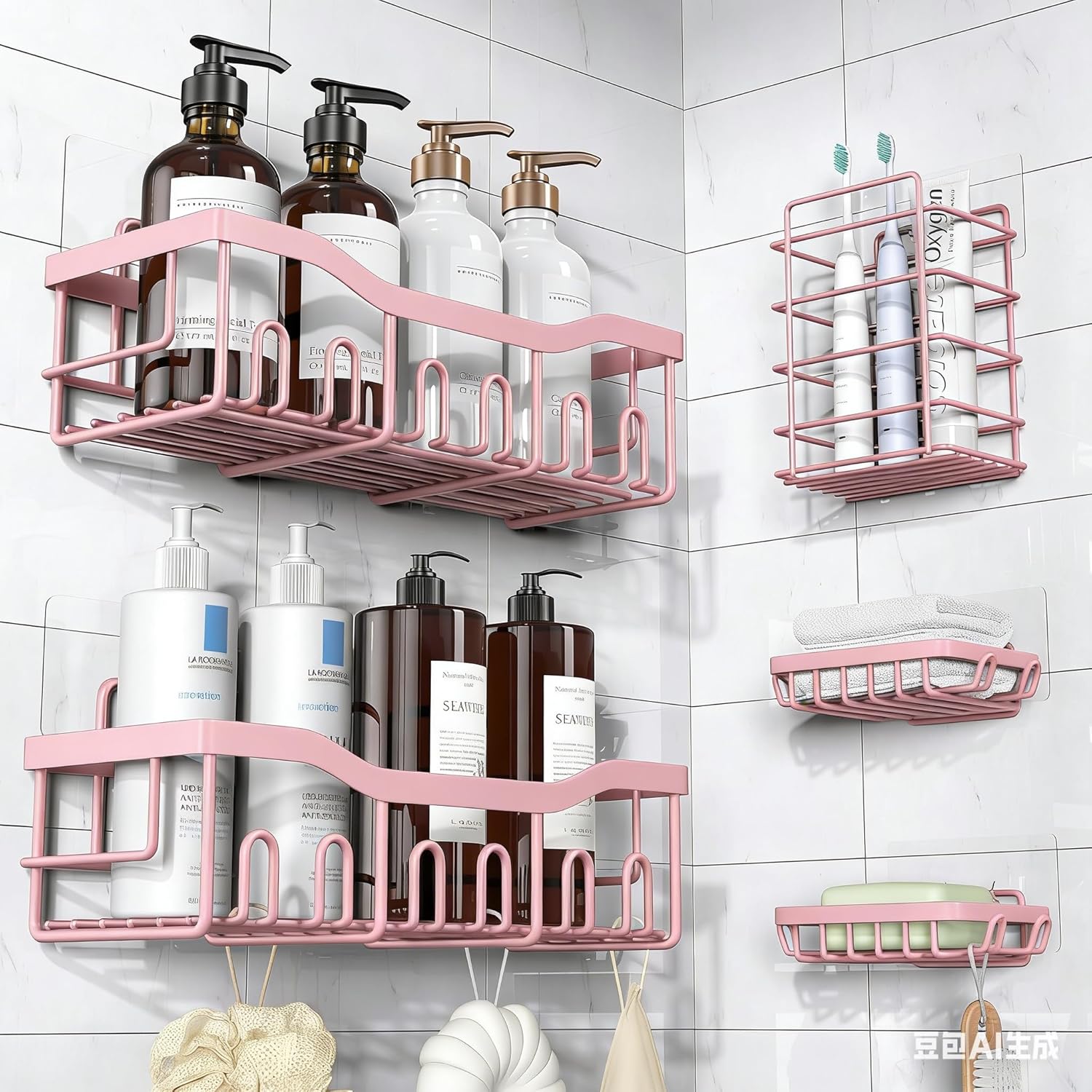 Moonval Adhesive Shower Caddy, 5-Pack Rustproof Stainless Steel Bathroom Organizer Shelves