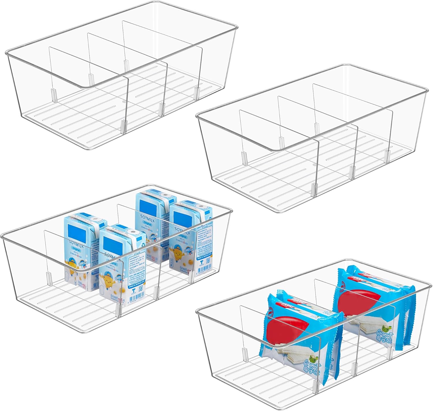 Moonval Food Storage Organizer Bins, Clear Pantry Containers with 4 Compartments for Snacks & Packets