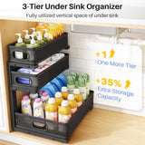 Moonval Under Sink Organizer, 3-Tier Height-Adjustable Sliding Metal Cabinet Shelf with Pull-Out Drawers