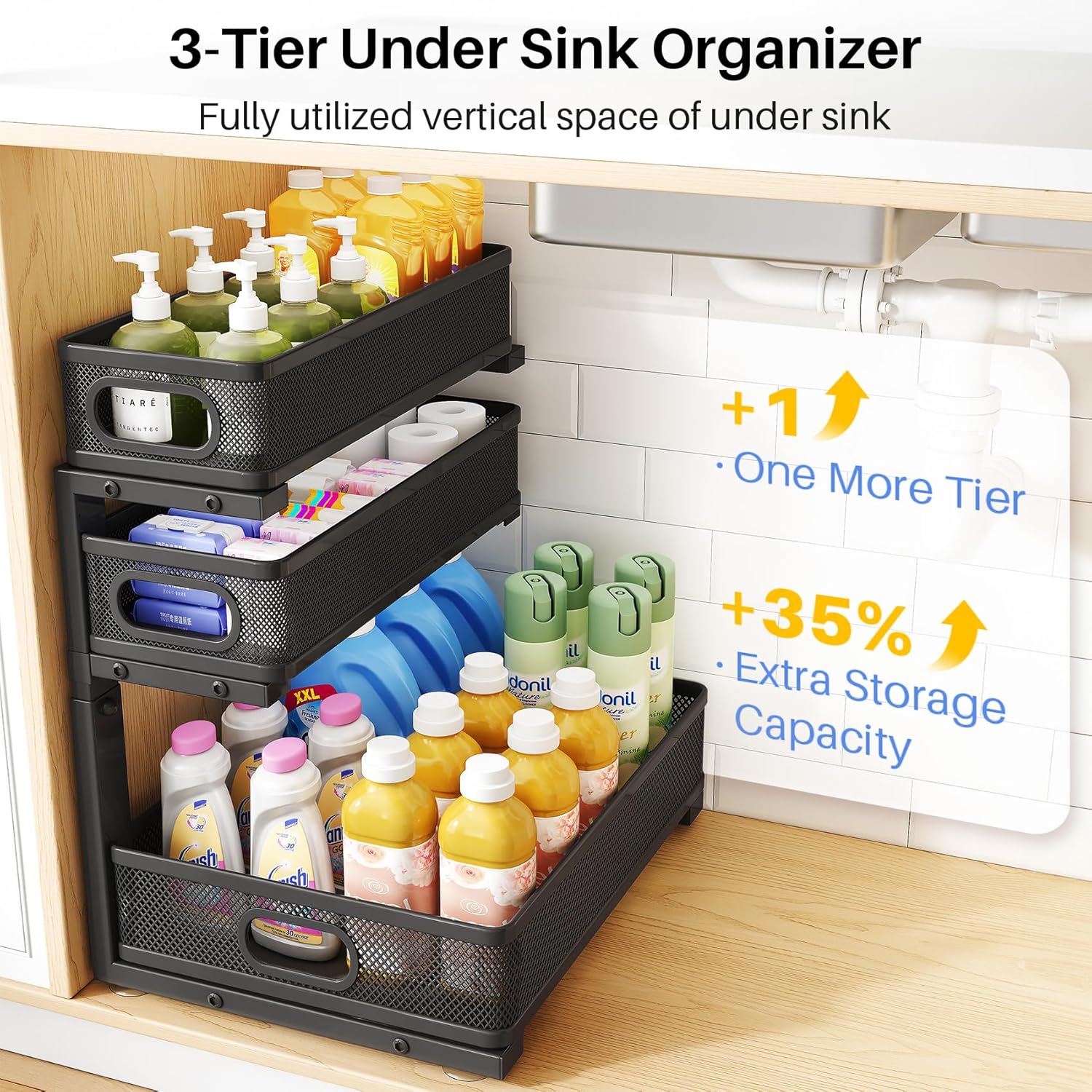 Moonval Under Sink Organizer, 3-Tier Height-Adjustable Sliding Metal Cabinet Shelf with Pull-Out Drawers