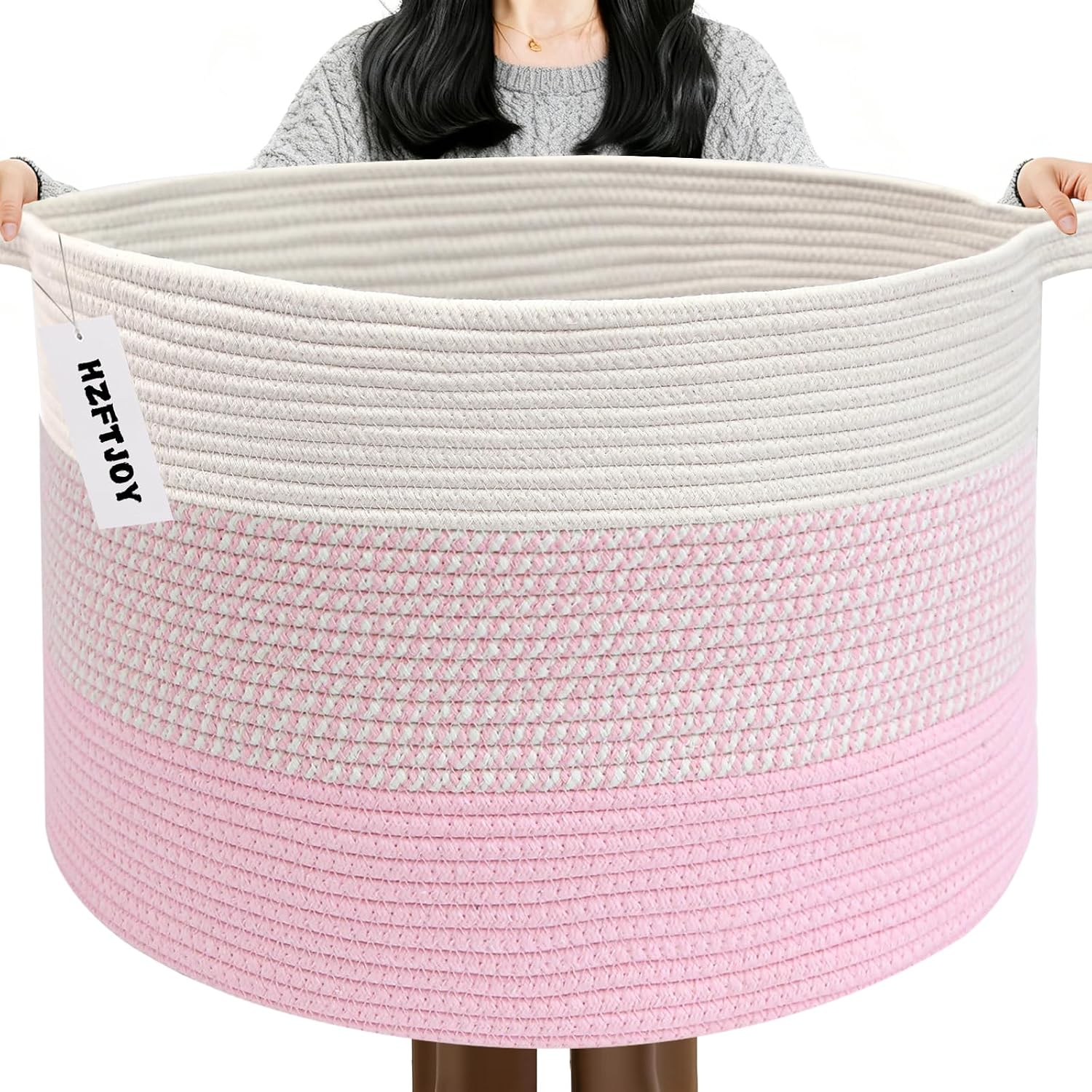 Moonval Woven Blanket Basket, Cotton Rope Storage Hamper with Handles for Laundry, Toys & Blankets
