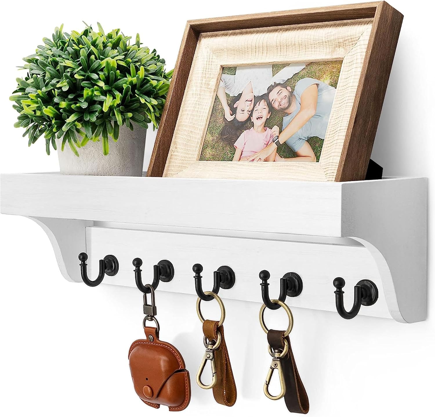 Moonval Wall Key Holder, Wooden Mail Organizer with Floating Shelf & 5 Hooks for Entryway