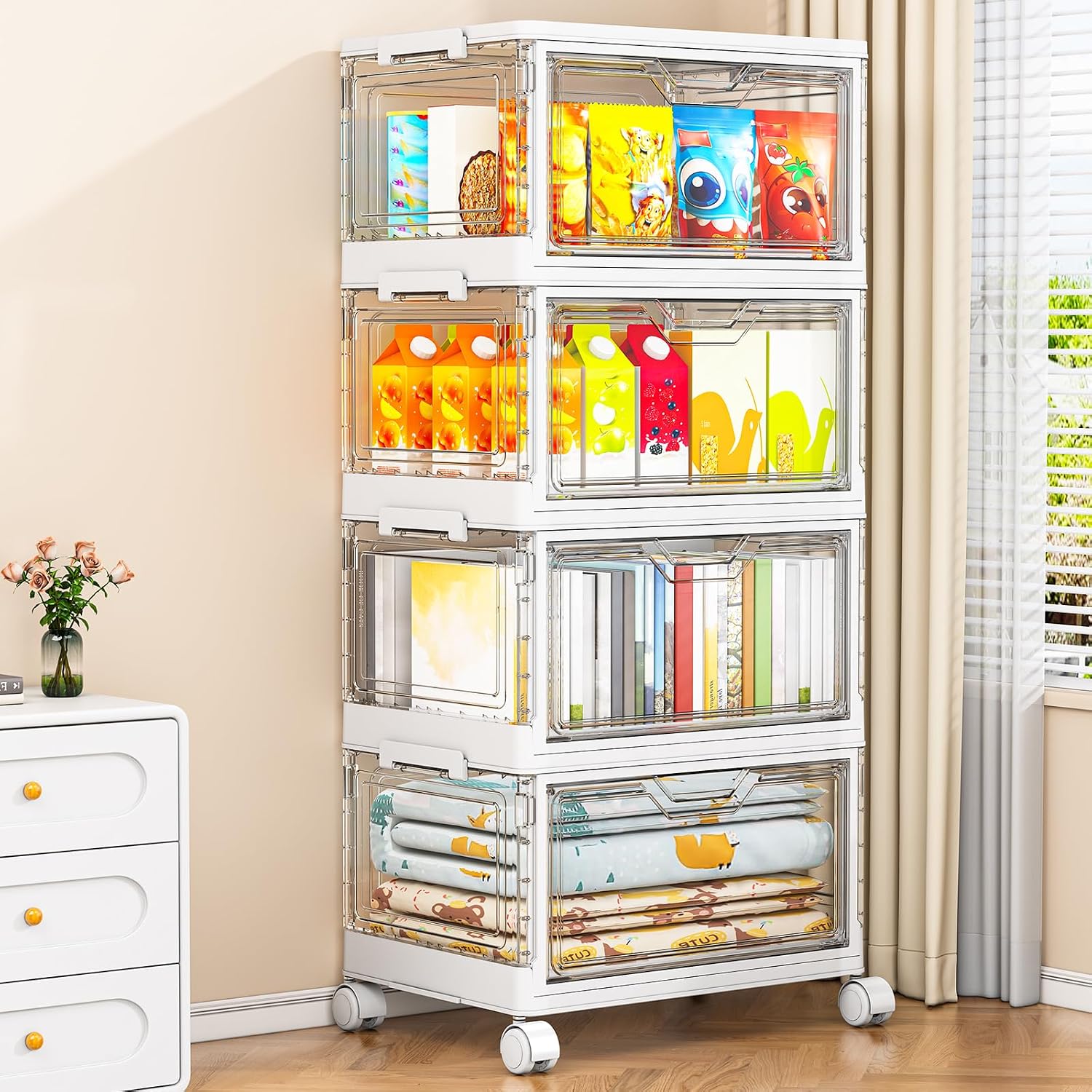 Moonval Clear Storage Bins, 3-Pack Foldable Stackable Containers with Lids & Magnetic Doors