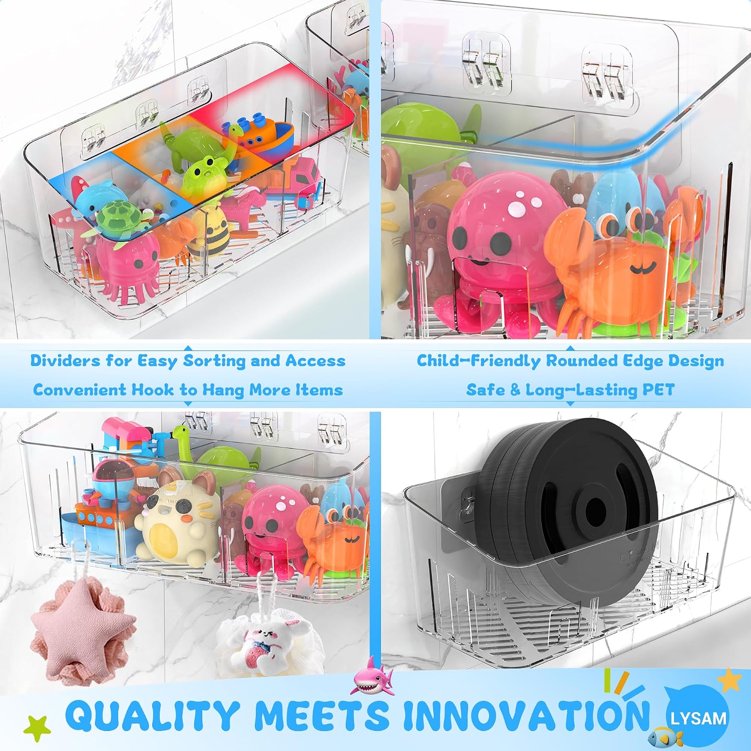 Moonval Bath Toy Organizer, Quick-Dry Mesh Storage Bins with 3 Compartments for Baby & Kids Toys