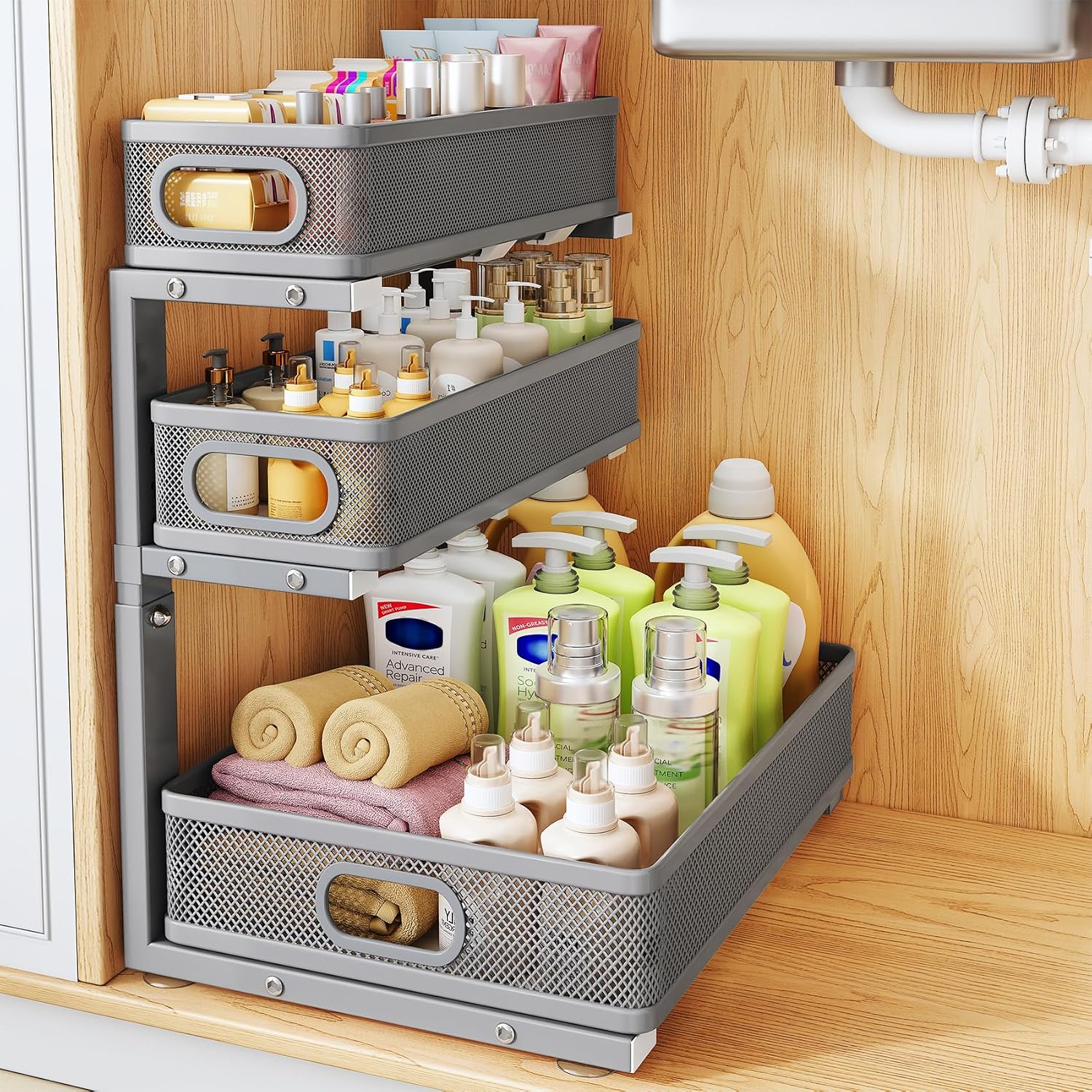 Moonval Under Sink Organizer, 3-Tier Height-Adjustable Sliding Metal Cabinet Shelf with Pull-Out Drawers