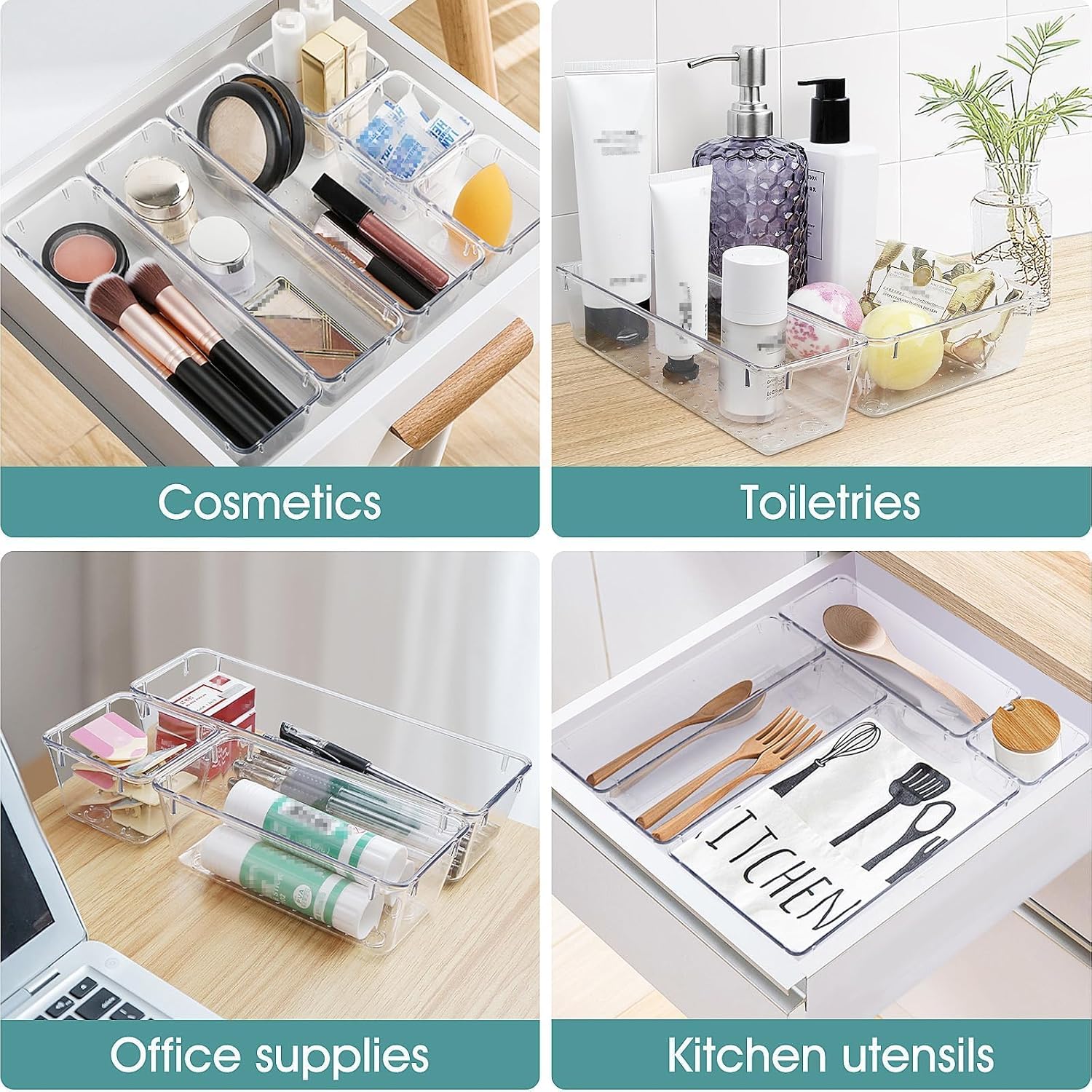 Moonval Clear Drawer Organizer Set, 25-Piece Plastic Storage Trays for Kitchen, Bathroom & Office