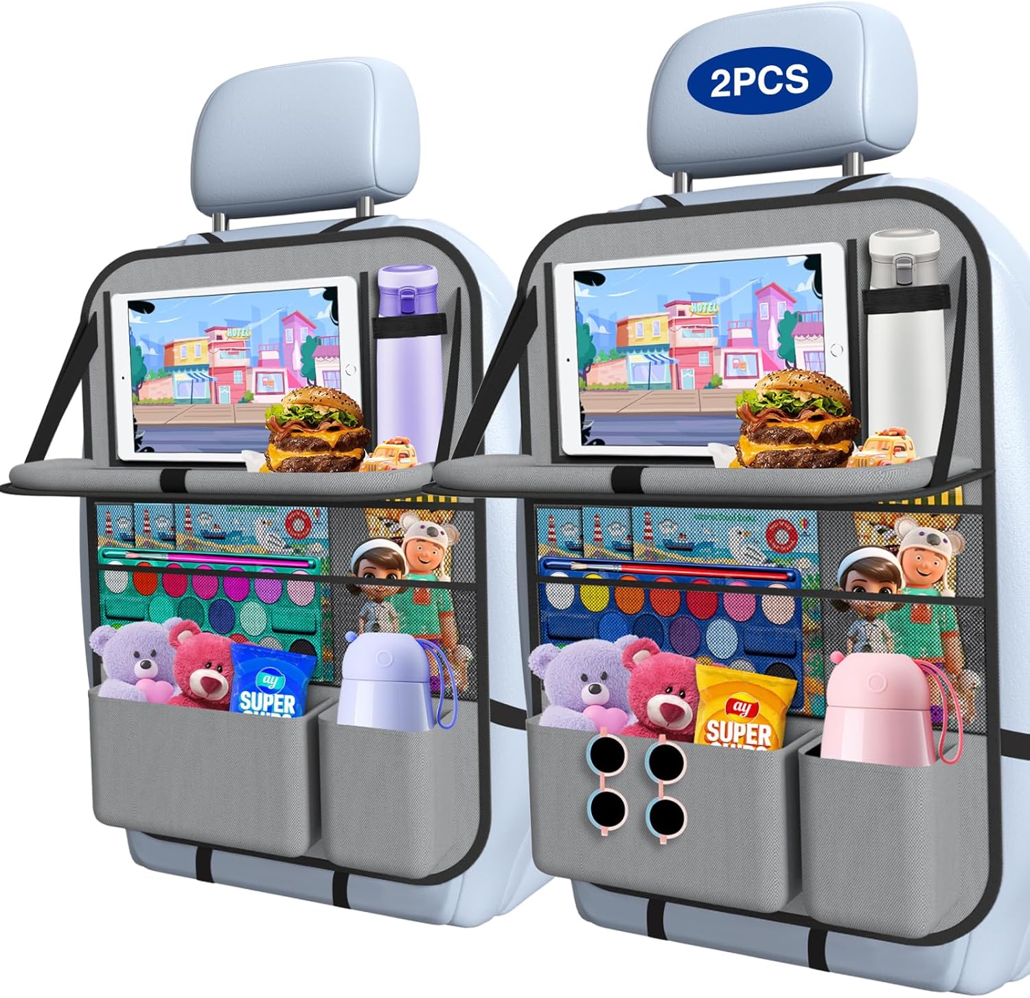 Moonval Backseat Car Organizer, 2-Pack Seat Protectors with Foldable Tray, Tablet Holder & 9 Pockets