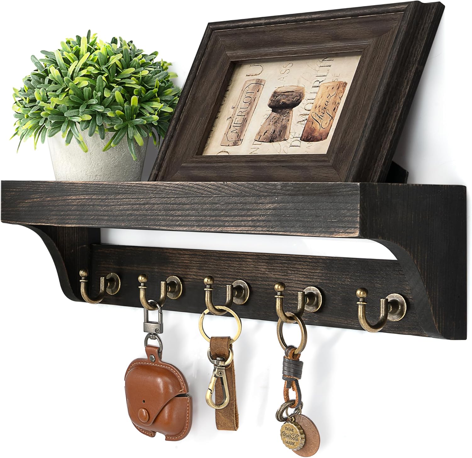Moonval Wall Key Holder, Wooden Mail Organizer with Floating Shelf & 5 Hooks for Entryway