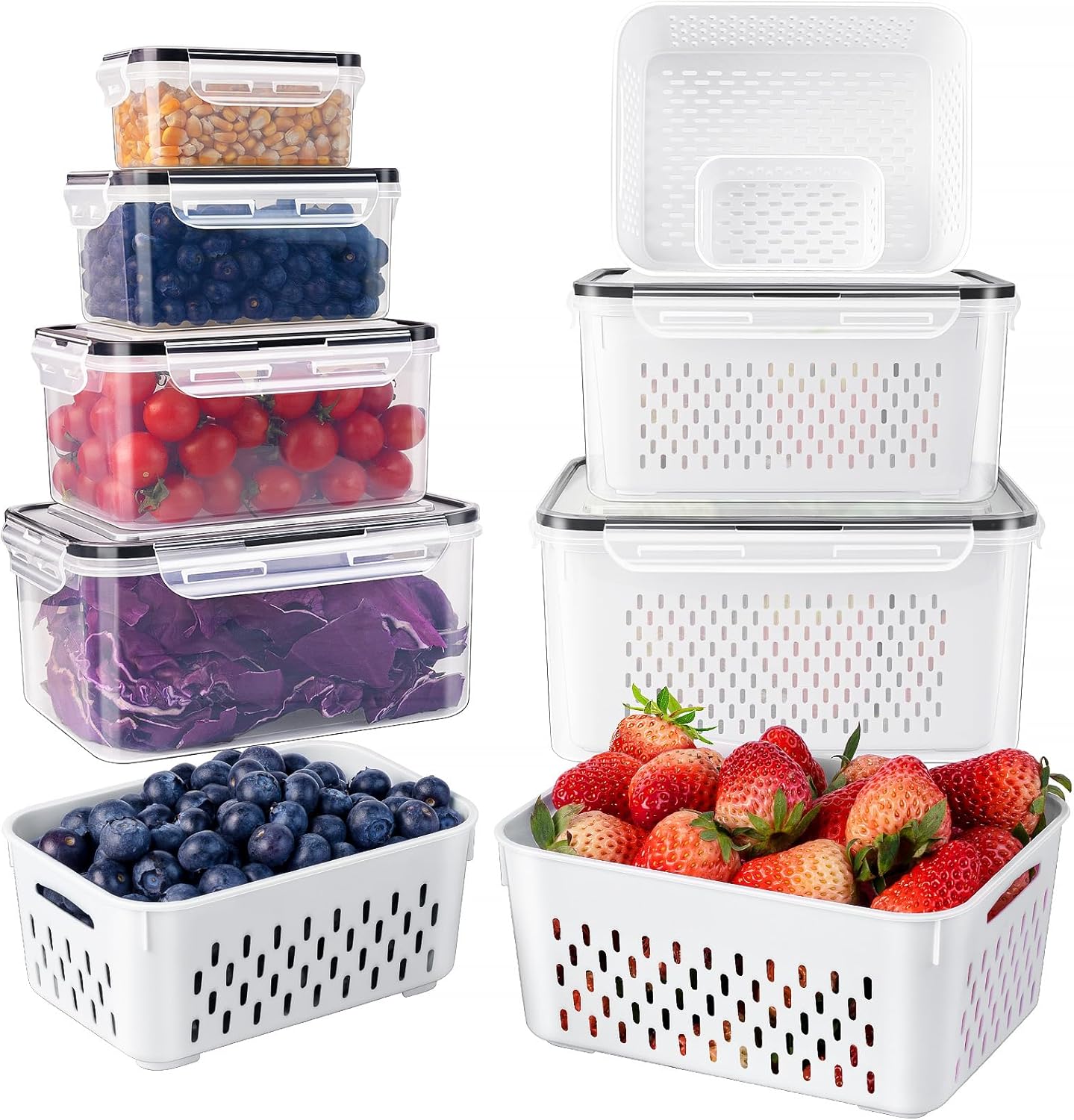 Moonval Produce Storage Containers, Airtight Food Saver Set with Removable Colanders