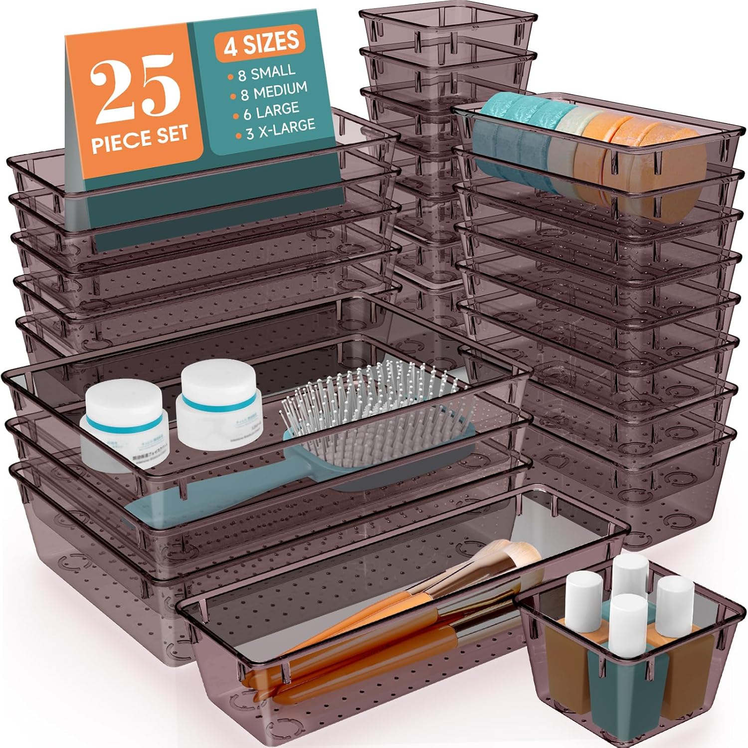 Moonval Clear Drawer Organizer Set, 25-Piece Plastic Storage Trays for Kitchen, Bathroom & Office