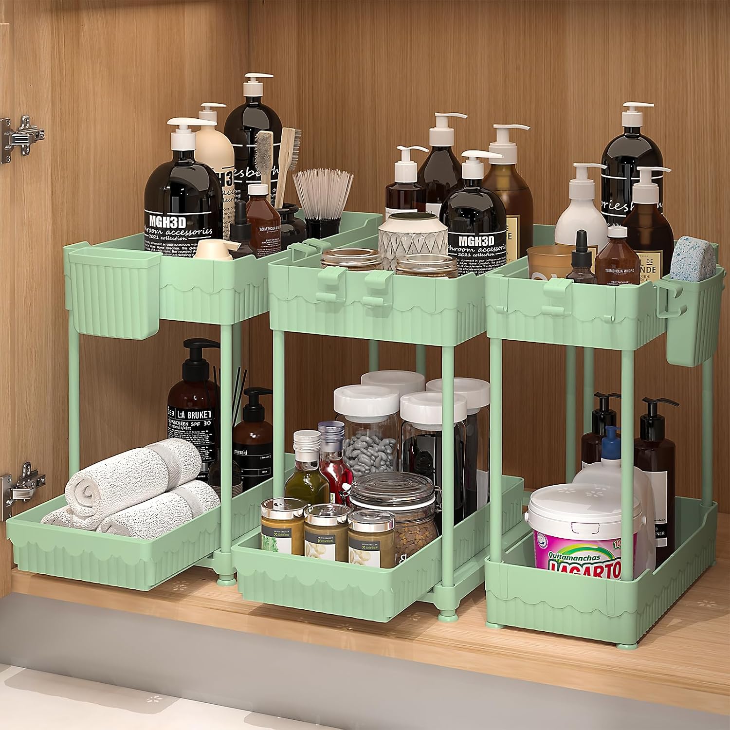 Moonval Under Sink Organizers, 3-Pack 2-Tier Sliding Storage Drawers for Kitchen & Bathroom Cabinets