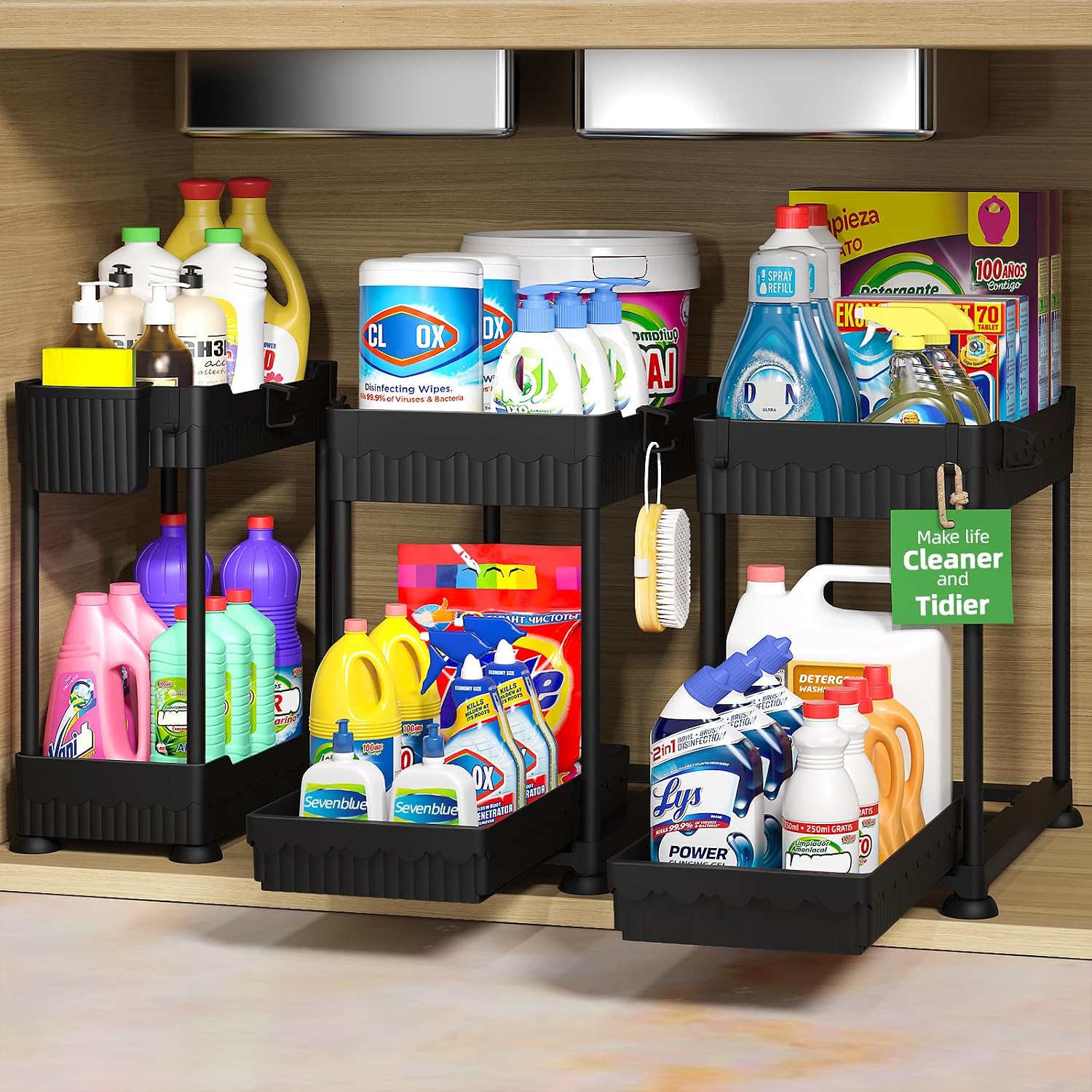 Moonval Under Sink Organizers, 3-Pack 2-Tier Sliding Storage Drawers for Kitchen & Bathroom Cabinets