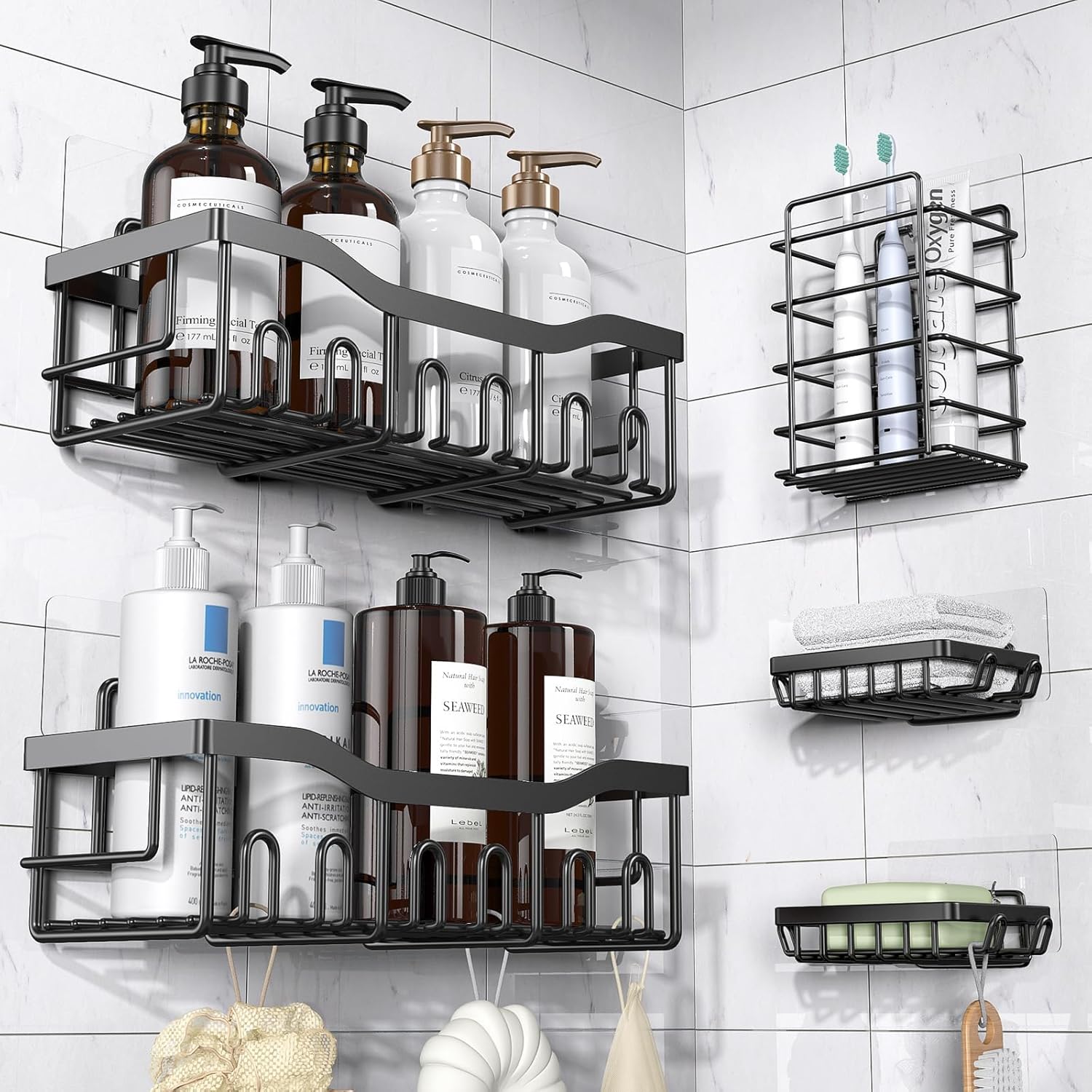Moonval Adhesive Shower Caddy, 5-Pack Rustproof Stainless Steel Bathroom Organizer Shelves