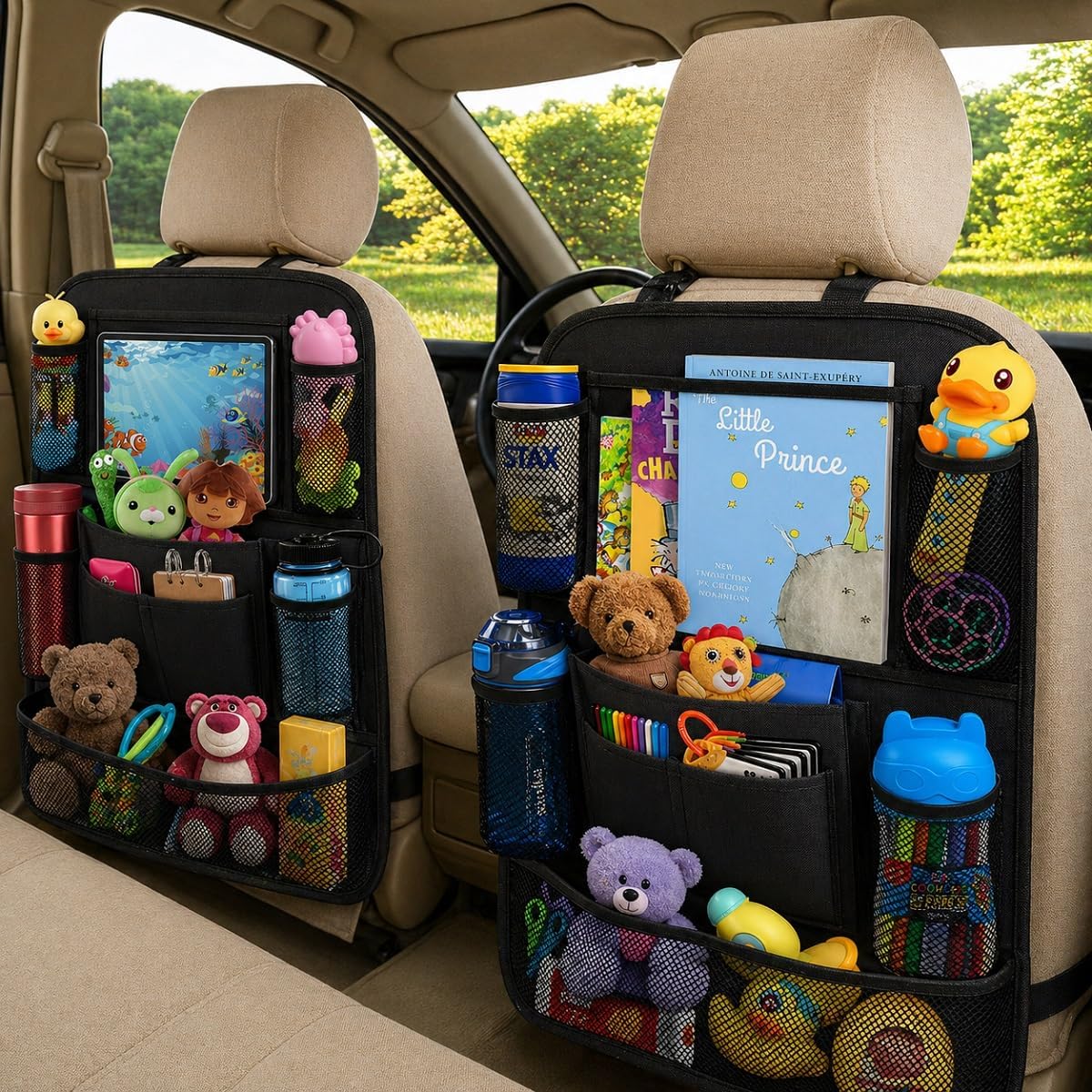 Moonval Backseat Car Organizer, 2-Pack Seat Protectors with Foldable Tray, 9 Pockets & Tablet Holder