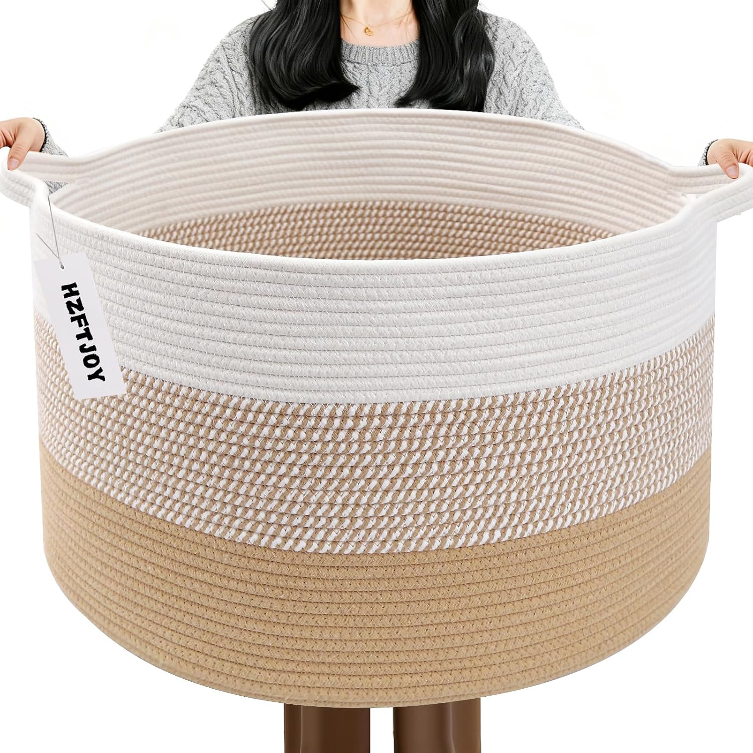 Moonval Woven Blanket Basket, Cotton Rope Storage Hamper with Handles for Laundry, Toys & Blankets