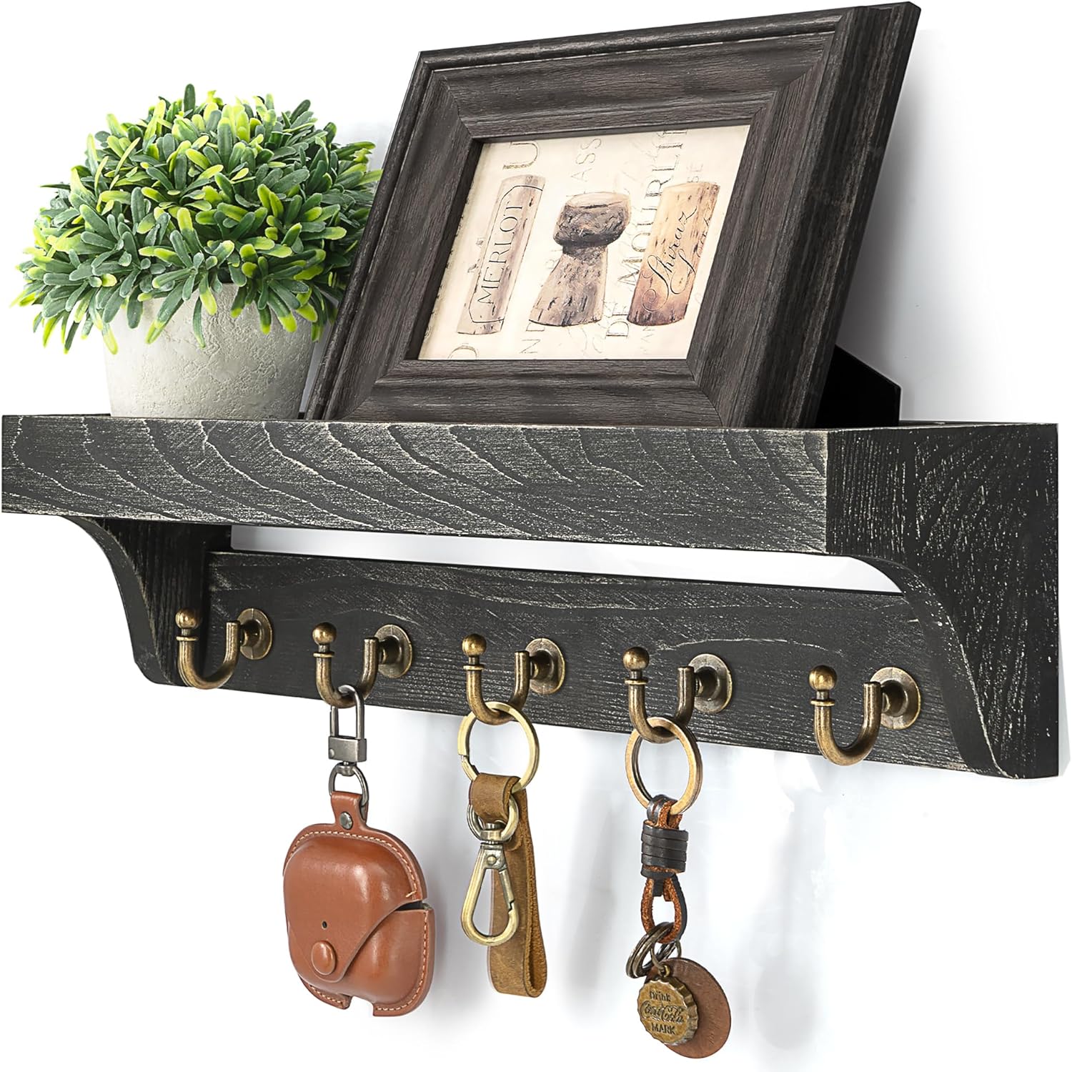 Moonval Wall Key Holder, Wooden Mail Organizer with Floating Shelf & 5 Hooks for Entryway