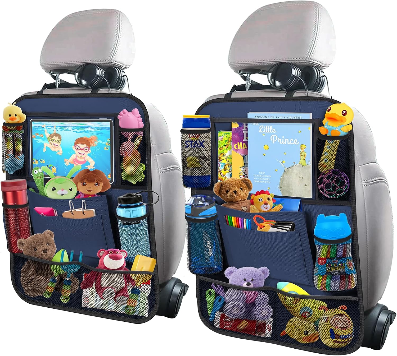 Moonval Backseat Car Organizer, 2-Pack Seat Protectors with Foldable Tray, 9 Pockets & Tablet Holder