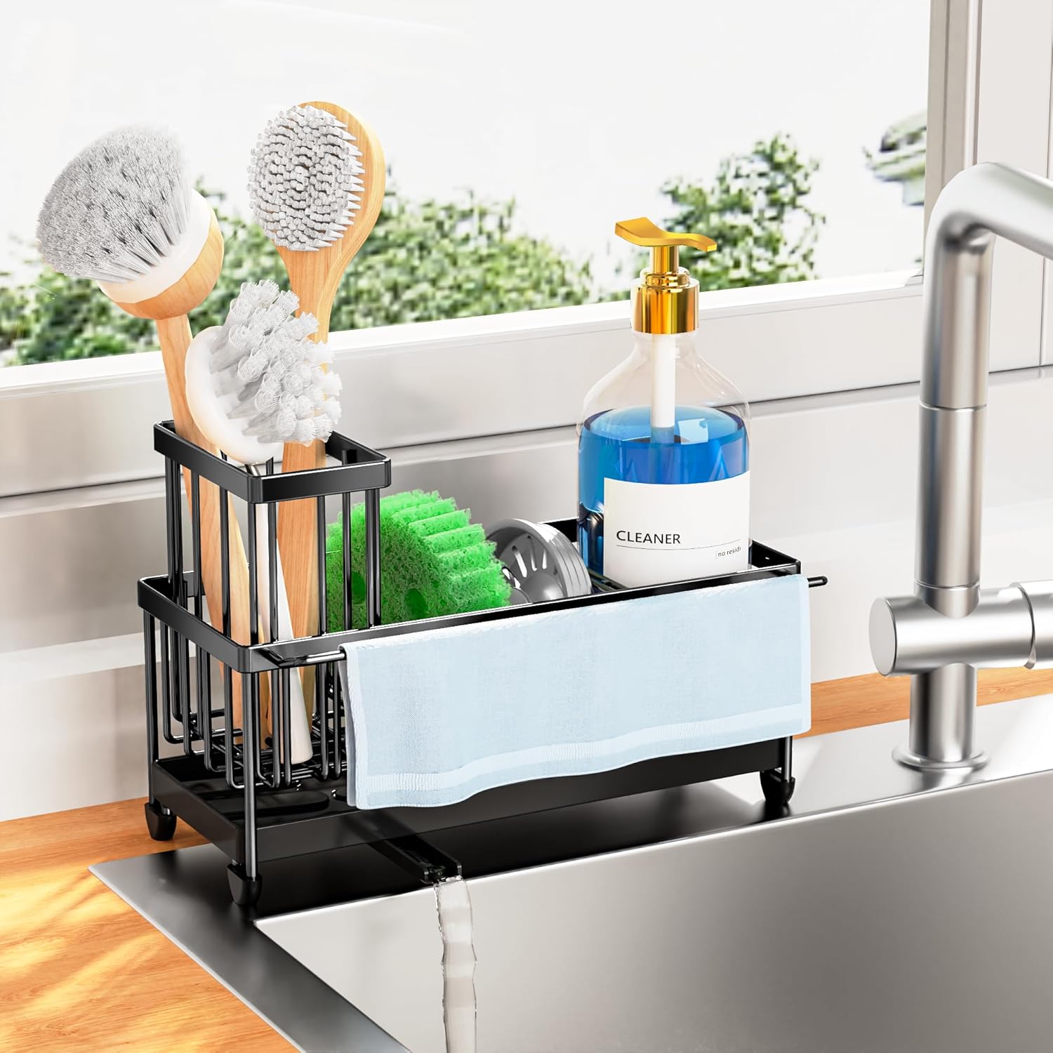 Moonval Kitchen Sink Caddy, 304 Stainless Steel Sponge Holder with Removable Brush Rack