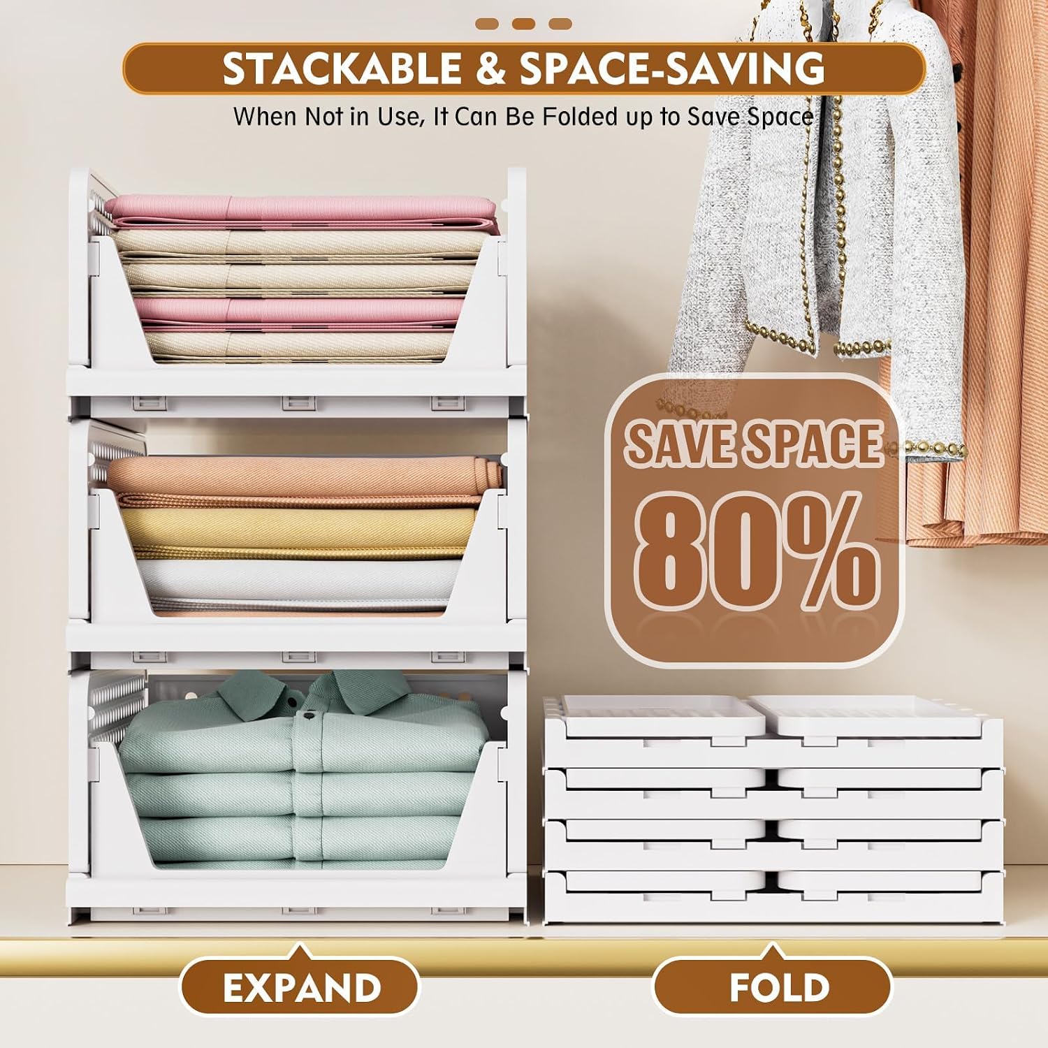 Moonval Stackable Closet Storage Baskets, Foldable Drawer Organizers for Clothes & Home Storage
