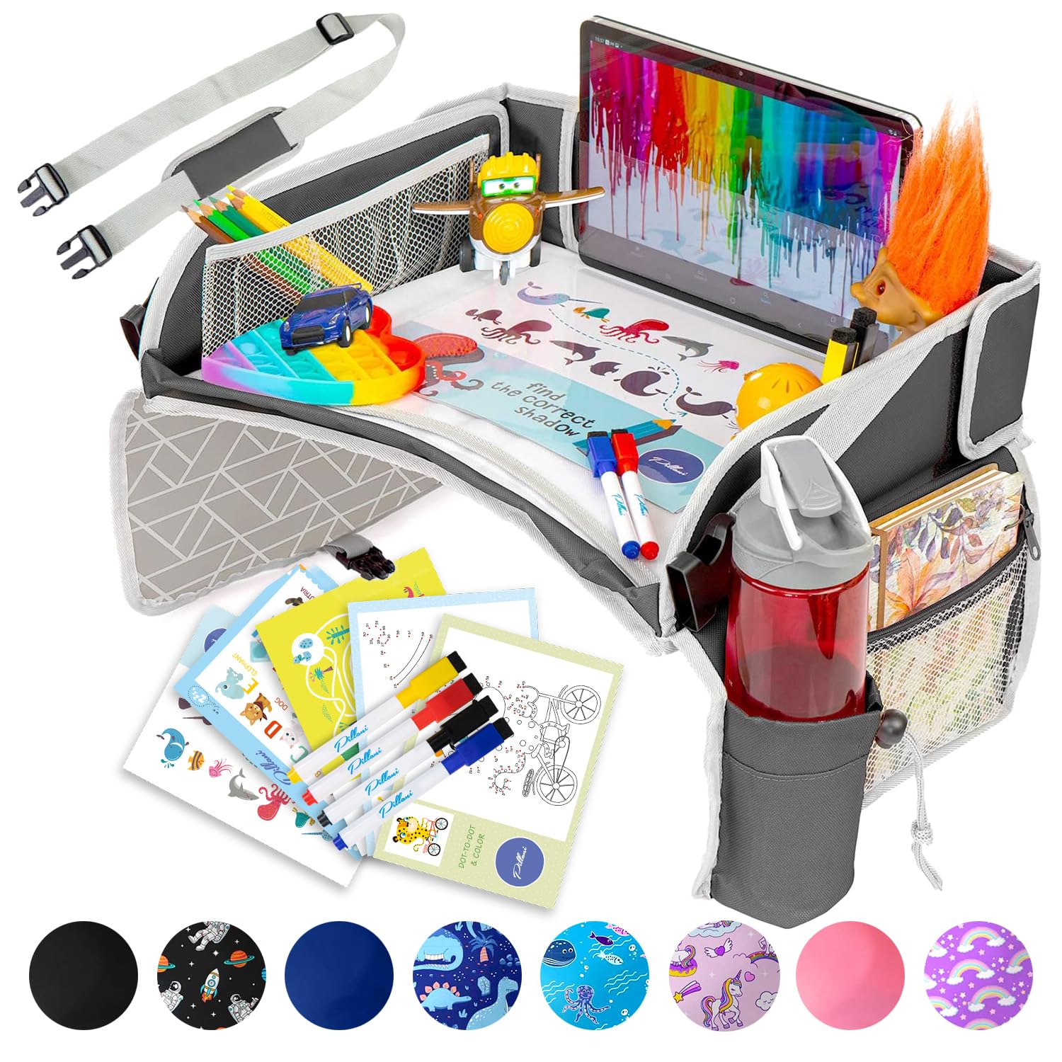 Moonval Kids Travel Tray, Car Seat Activity Lap Desk with Storage Pockets, Activity Sheets & Pens