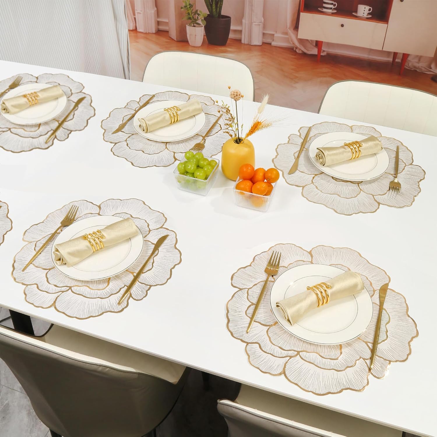Moonval Floral Round Placemat, Gold-Trim Waterproof PVC Table Mat with Anti-Skid Base