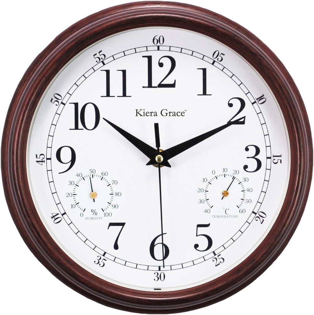 Kiera Grace Metz 9" Outdoor Wall Clock with Tempreture and Humid Gauges, Wood Grain Retro Walnut Red, Arabic Numerals Clock, Easy-to-Read, Battery Operated, Perfect for Home or Office Décor