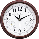 Kiera Grace Metz 9" Outdoor Wall Clock with Tempreture and Humid Gauges, Wood Grain Retro Walnut Red, Arabic Numerals Clock, Easy-to-Read, Battery Operated, Perfect for Home or Office Décor