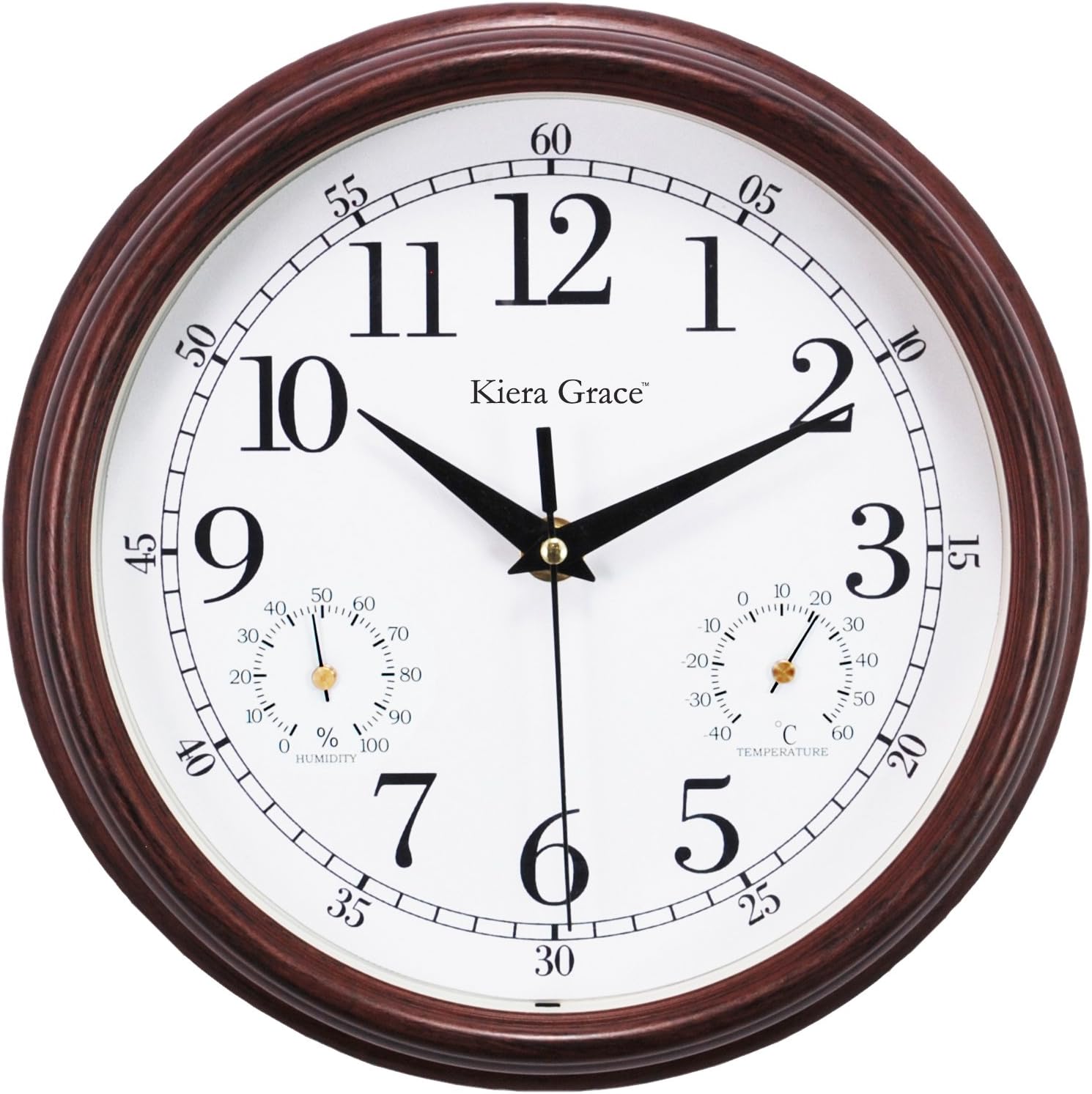 Kiera Grace Metz 9" Outdoor Wall Clock with Tempreture and Humid Gauges, Wood Grain Retro Walnut Red, Arabic Numerals Clock, Easy-to-Read, Battery Operated, Perfect for Home or Office Décor