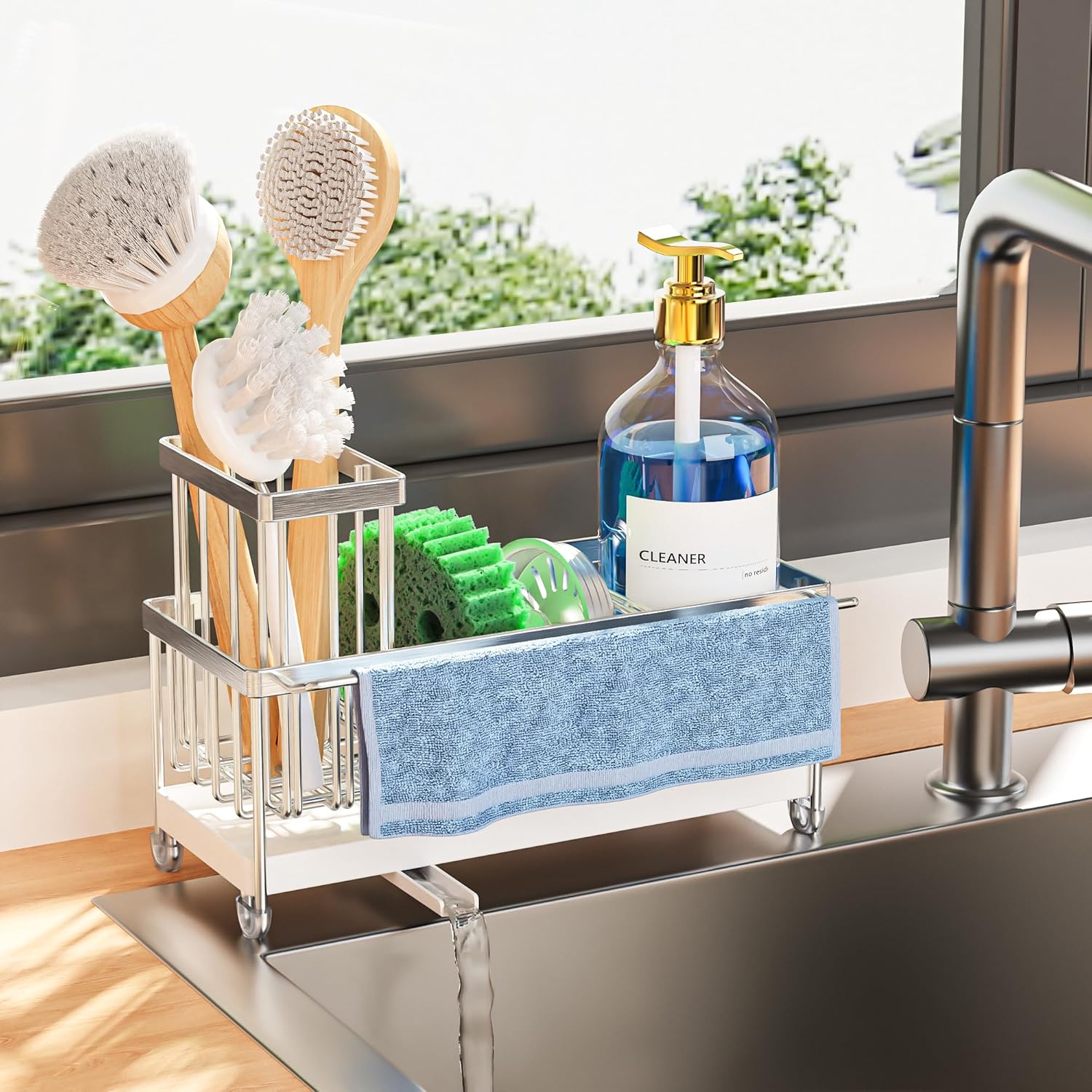 Moonval Kitchen Sink Caddy, 304 Stainless Steel Sponge Holder with Removable Brush Rack