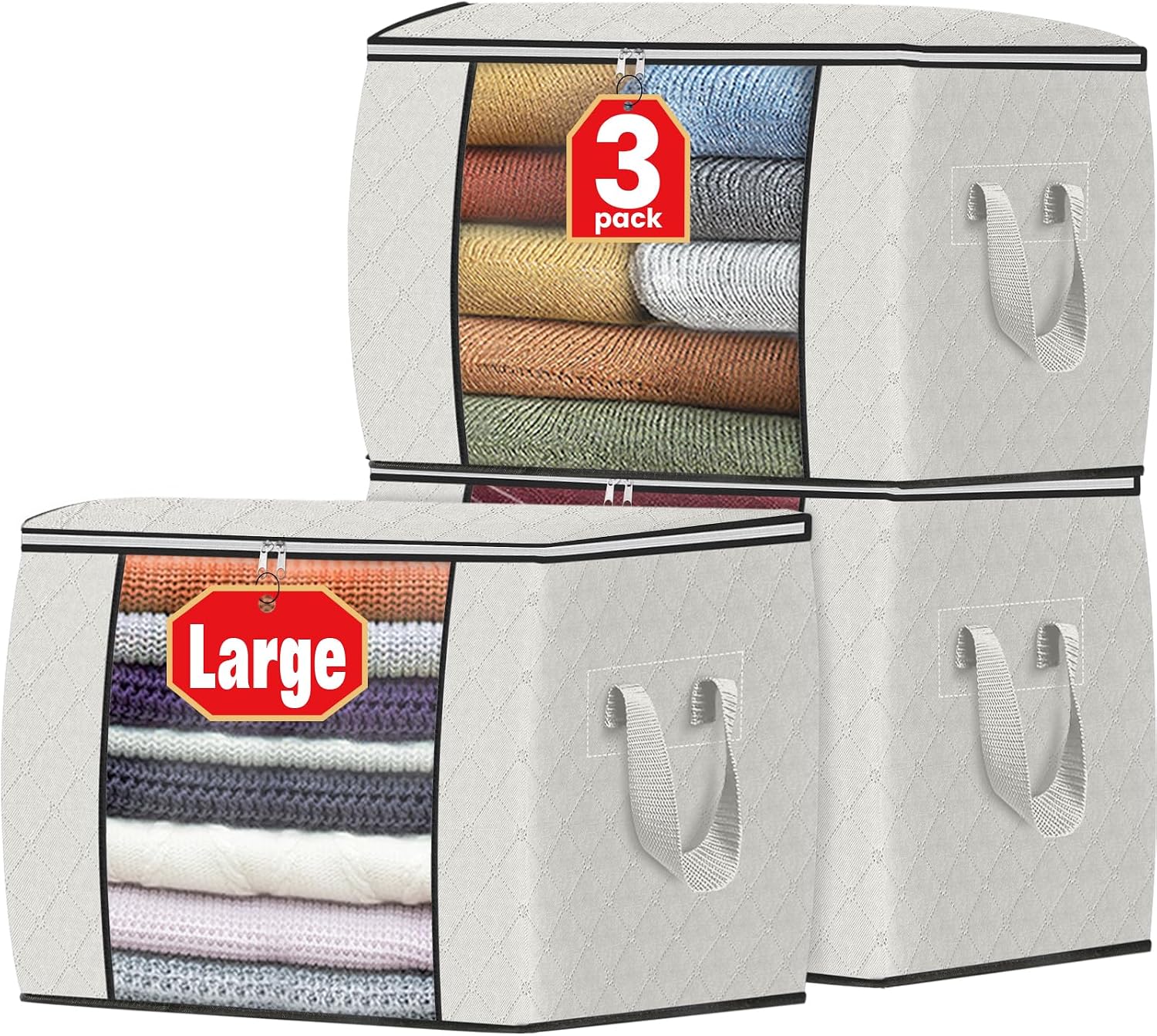 Moonval Closet Storage Bags, 3-Pack 35L Foldable Under Bed Organizers with Handles for Clothing