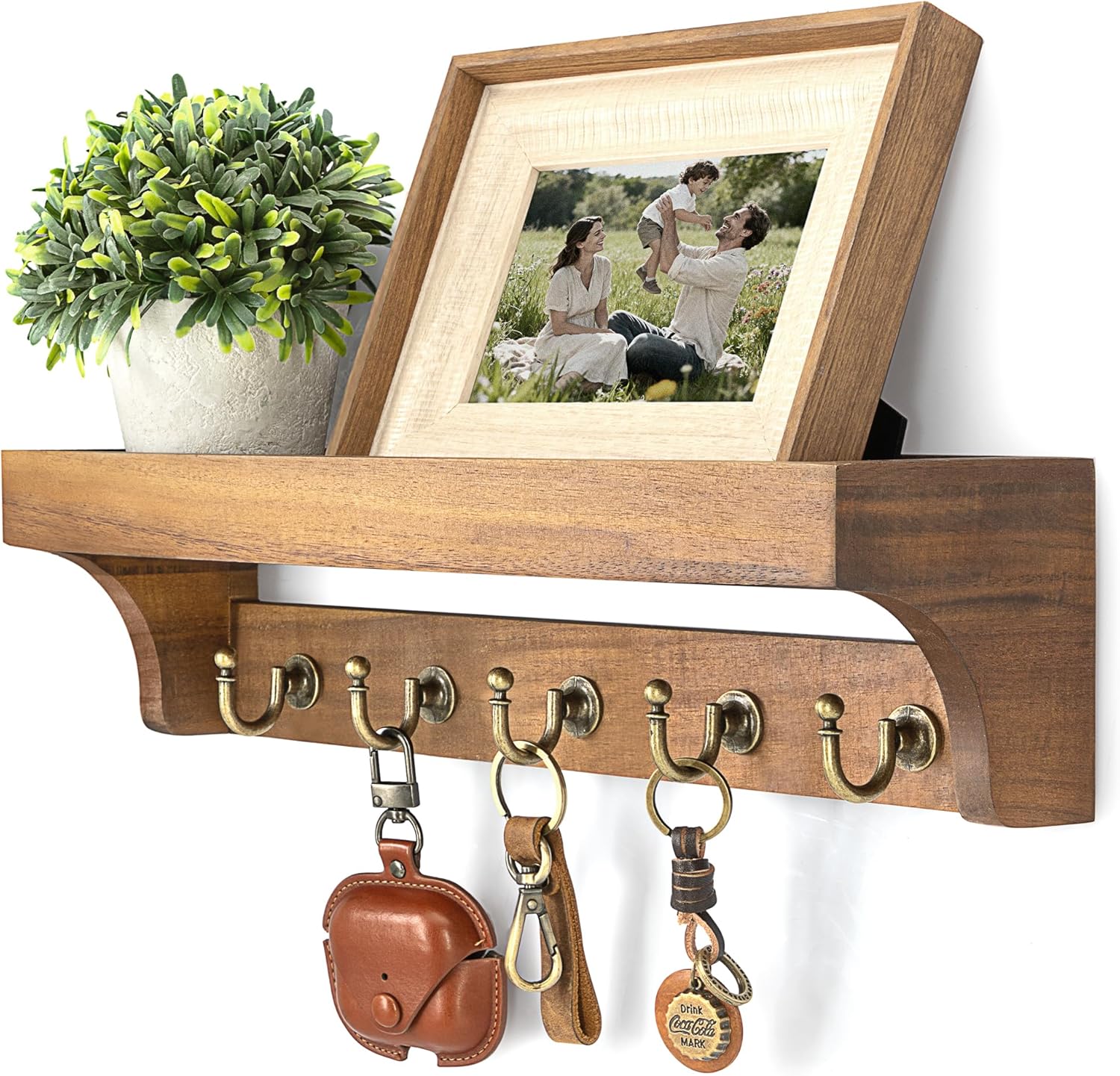 Moonval Wall Key Holder, Wooden Mail Organizer with Floating Shelf & 5 Hooks for Entryway