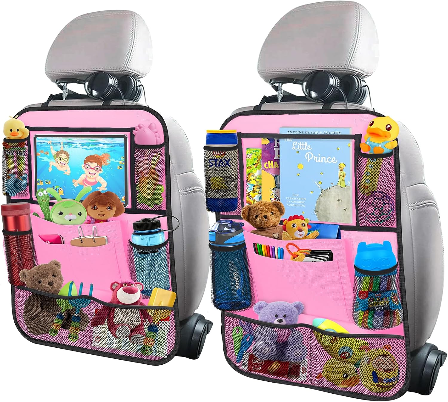 Moonval Backseat Car Organizer, 2-Pack Seat Protectors with Foldable Tray, 9 Pockets & Tablet Holder
