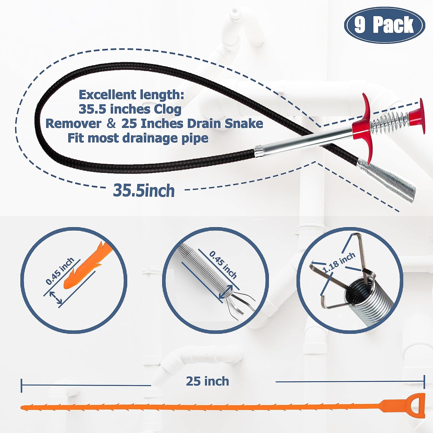 Moonval Drain Cleaning Tool Set, 9-Piece Drain Snake, Hair Remover & Cleaning Brush Kit