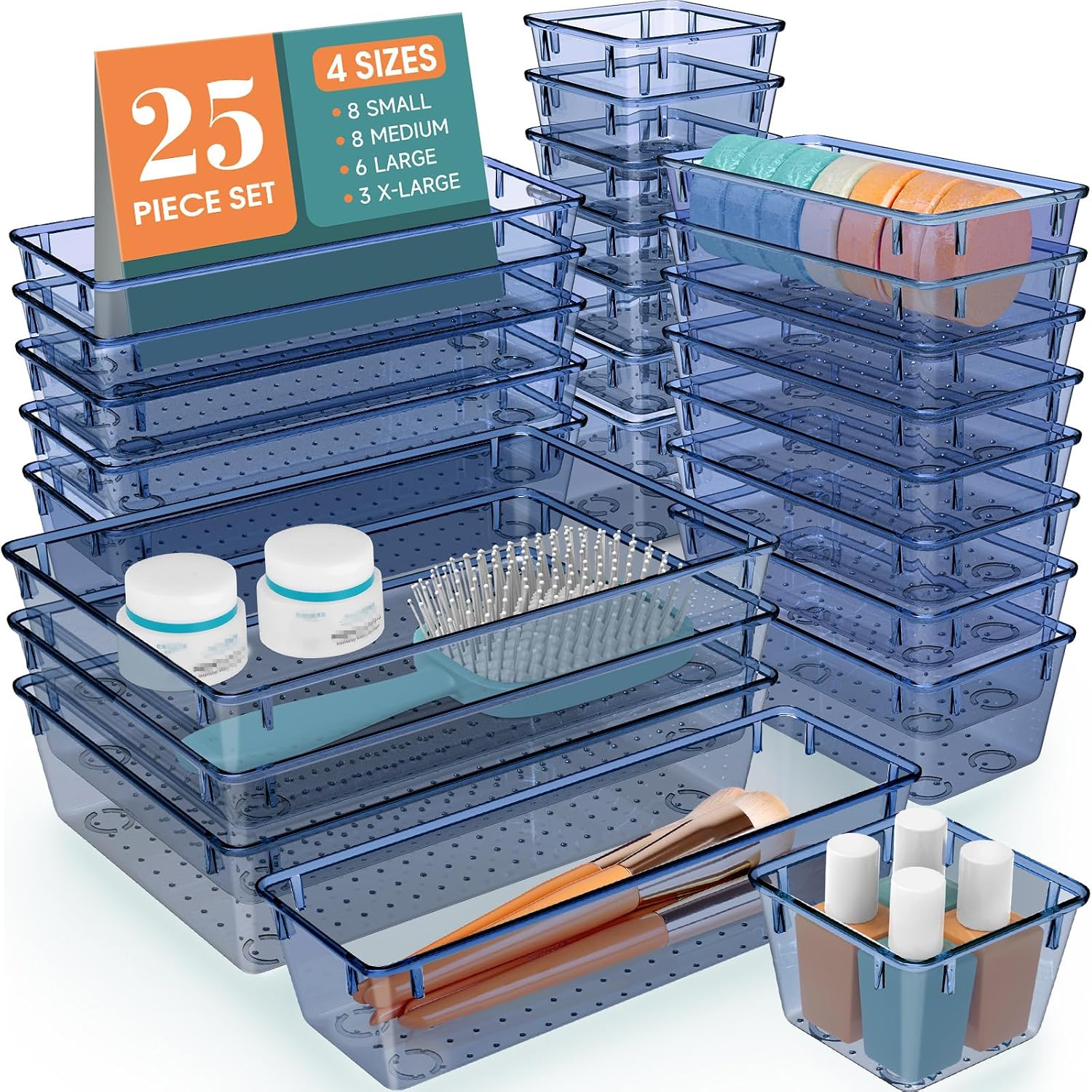 Moonval Clear Drawer Organizer Set, 25-Piece Plastic Storage Trays for Kitchen, Bathroom & Office