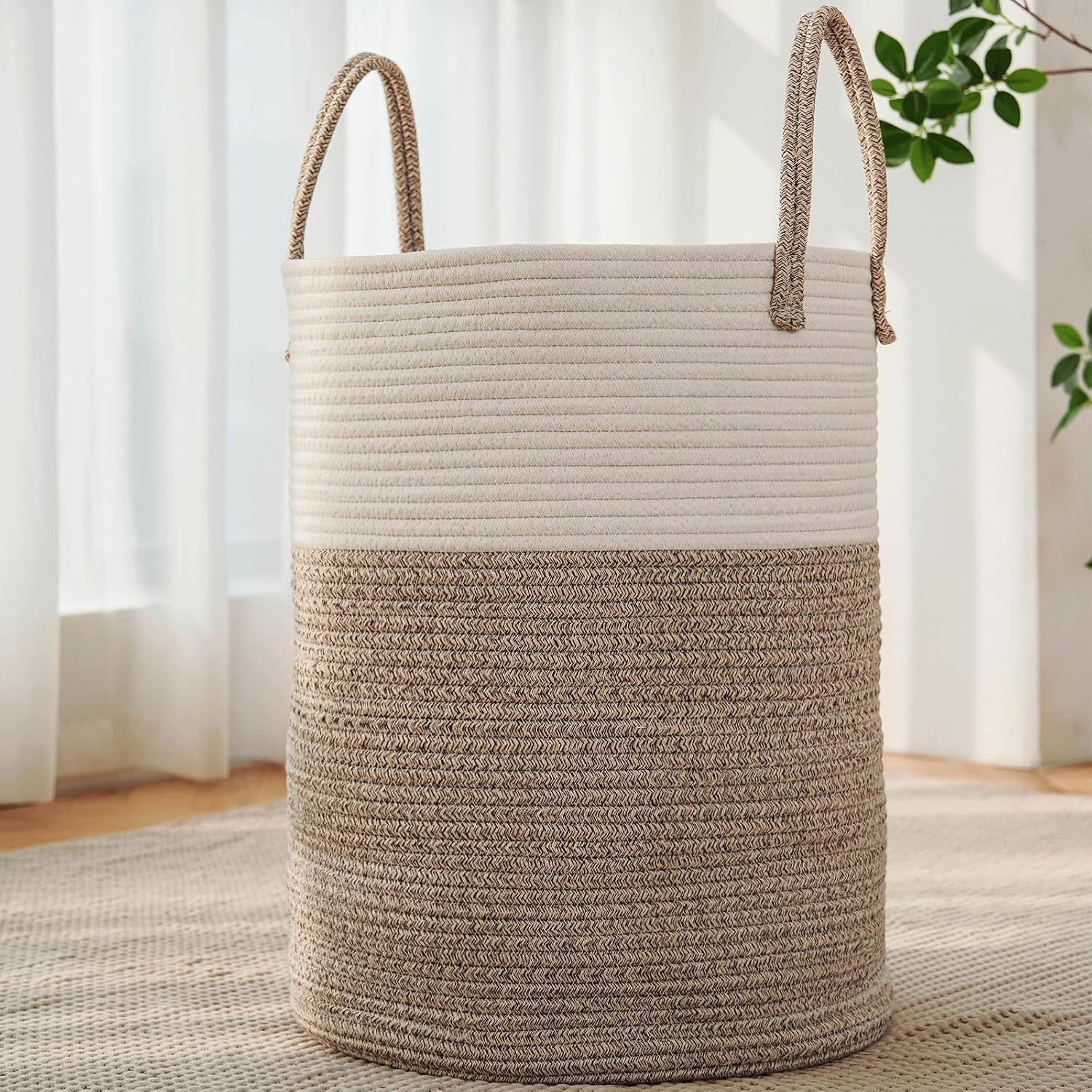 Moonval Woven Laundry Basket, 60L Cotton Rope Hamper for Clothes, Blankets & Toys