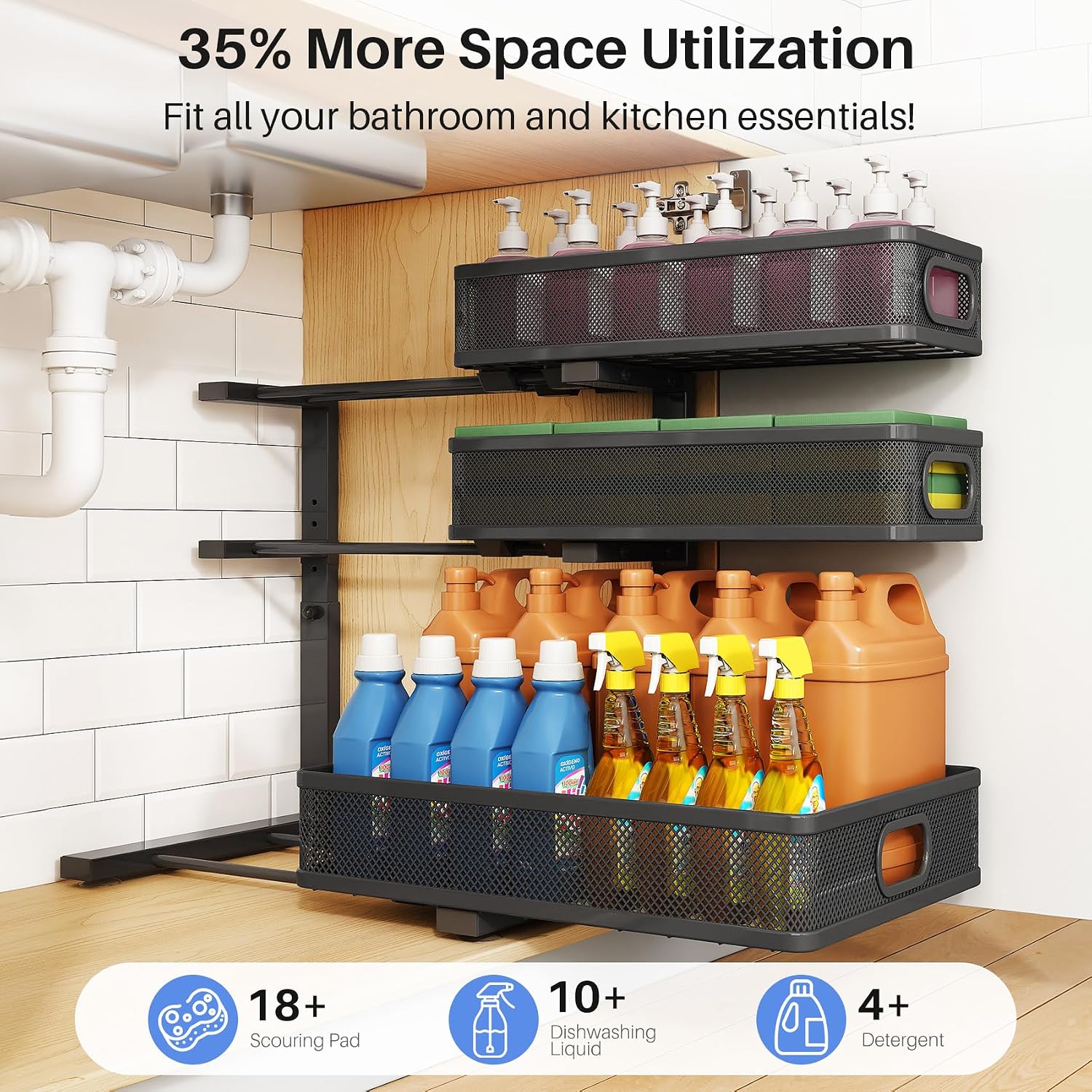 Moonval Under Sink Organizer, 3-Tier Height-Adjustable Sliding Metal Cabinet Shelf with Pull-Out Drawers