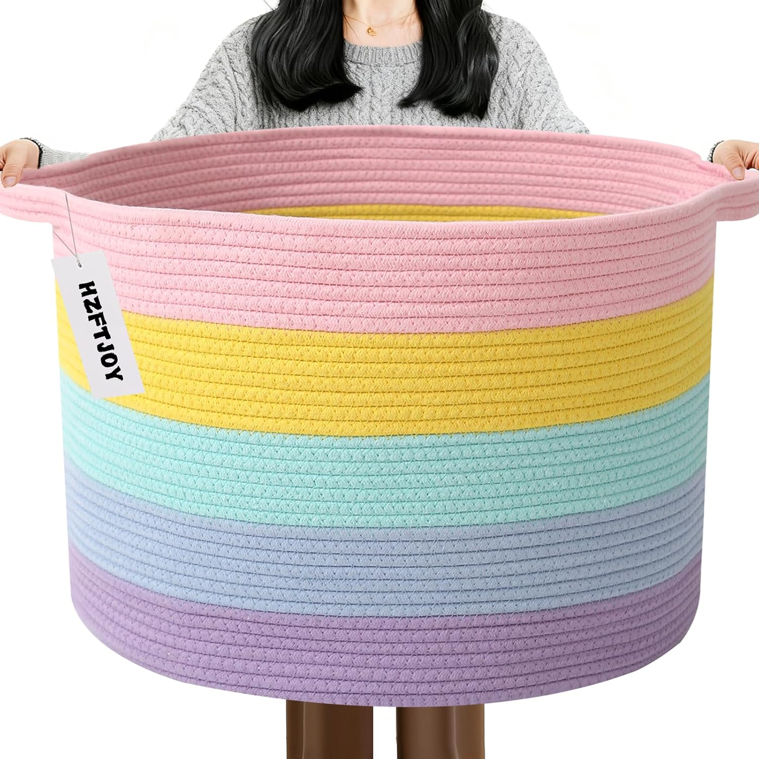 Moonval Woven Blanket Basket, Cotton Rope Storage Hamper with Handles for Laundry, Toys & Blankets