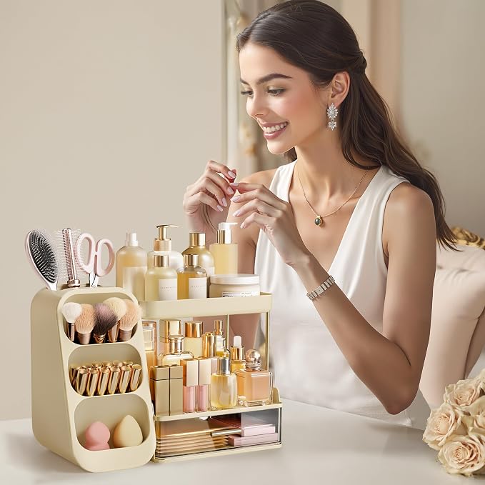 Moonval Bathroom Organizer, 3-Tier Vanity Storage with Brush Holder for Makeup & Skincare