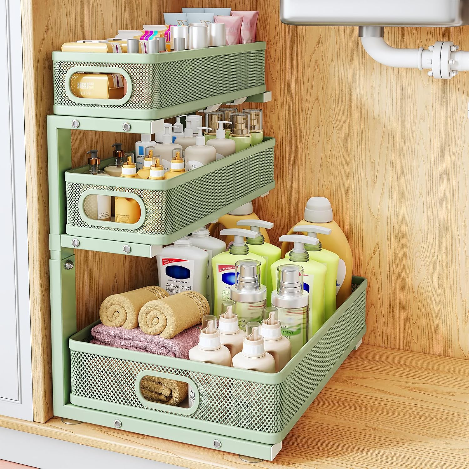Moonval Under Sink Organizer, 3-Tier Height-Adjustable Sliding Metal Cabinet Shelf with Pull-Out Drawers