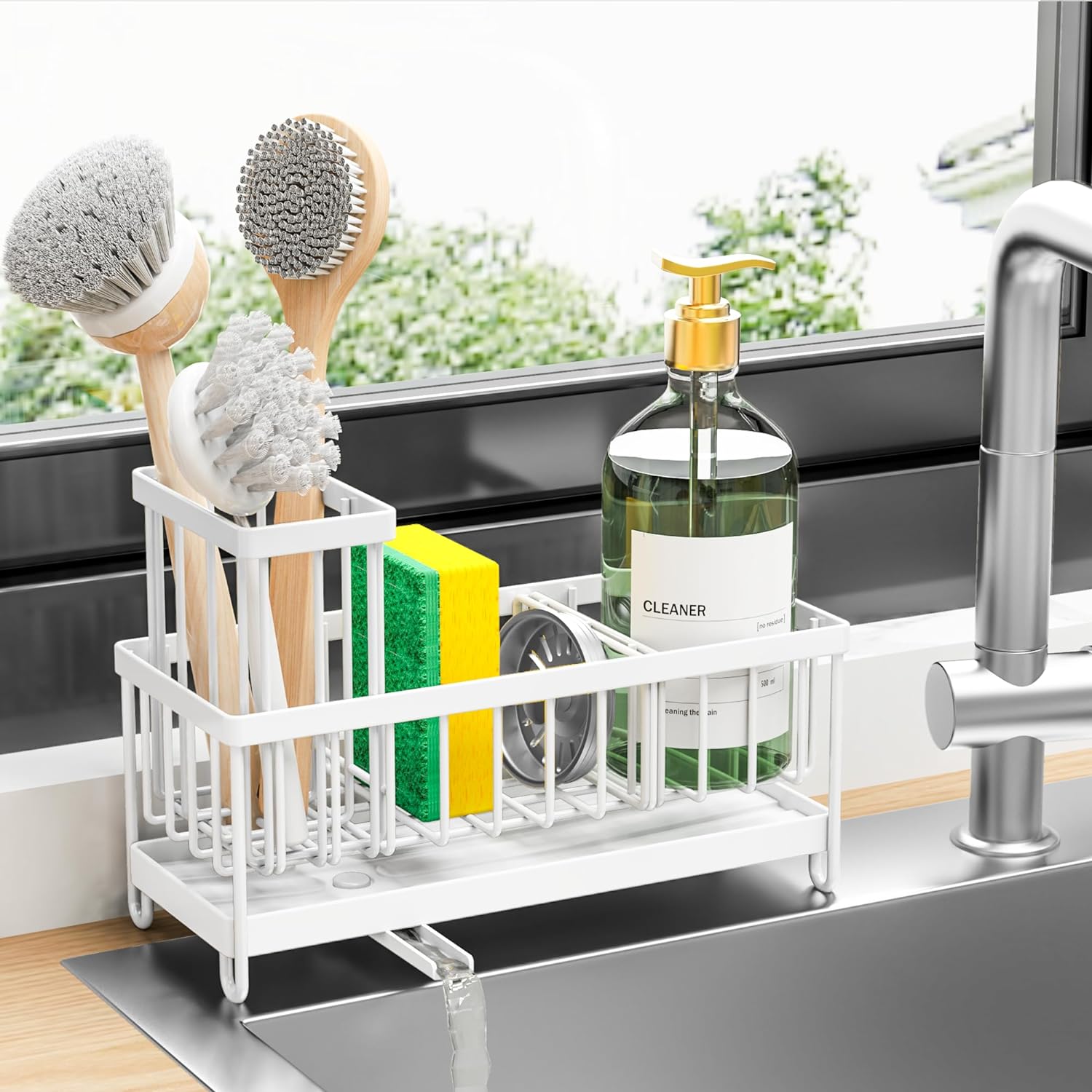 Moonval Kitchen Sink Caddy, 304 Stainless Steel Sponge Holder with Removable Brush Rack
