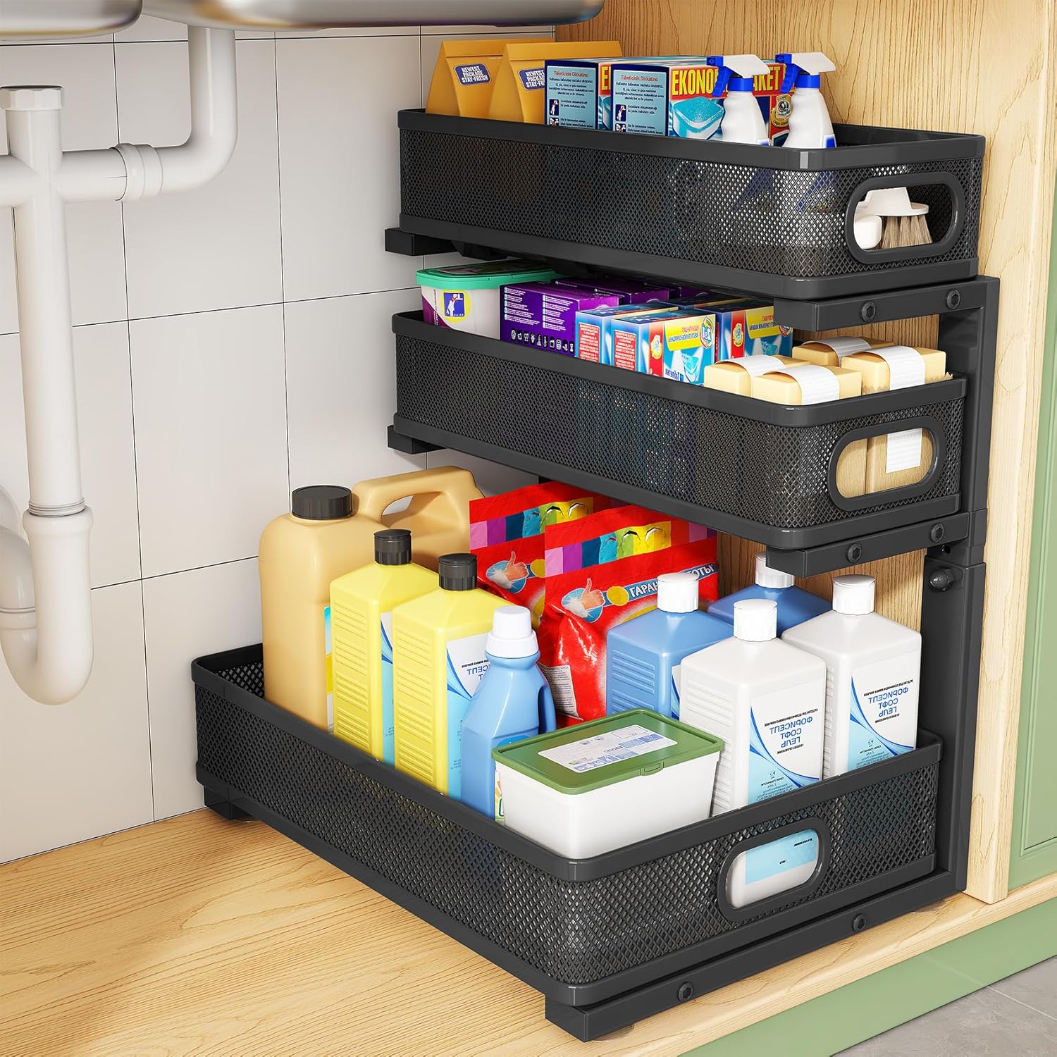 Moonval Under Sink Organizer, 3-Tier Height-Adjustable Sliding Metal Cabinet Shelf for Kitchen & Bathroom